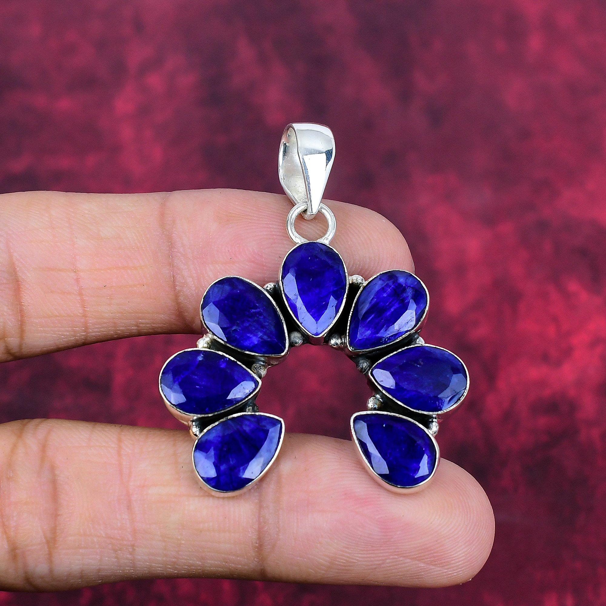 Colgante de zafiro azul, colgante de piedra preciosa hecho a mano, colgante de plata de ley maciza 925, joyería antigua, para regalo de compromiso