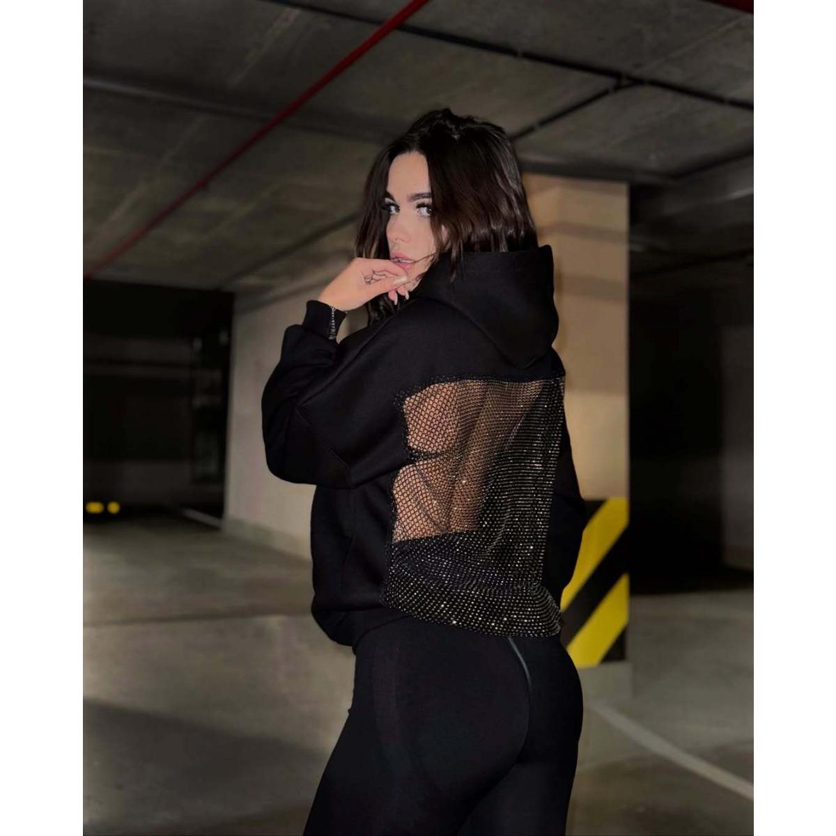 Autumn and Winter New Women's Fashion Solid Color Backless Hollow Mesh Hooded Sweatshirt Sweatshirt