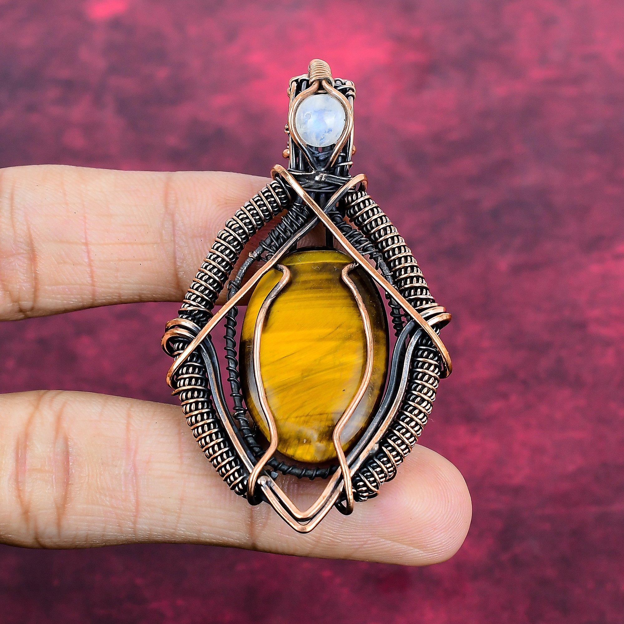 Tiger's Eye Real Gemstone Pendant Copper Wire Wrapped Rainbow Moonstone Jewelry
