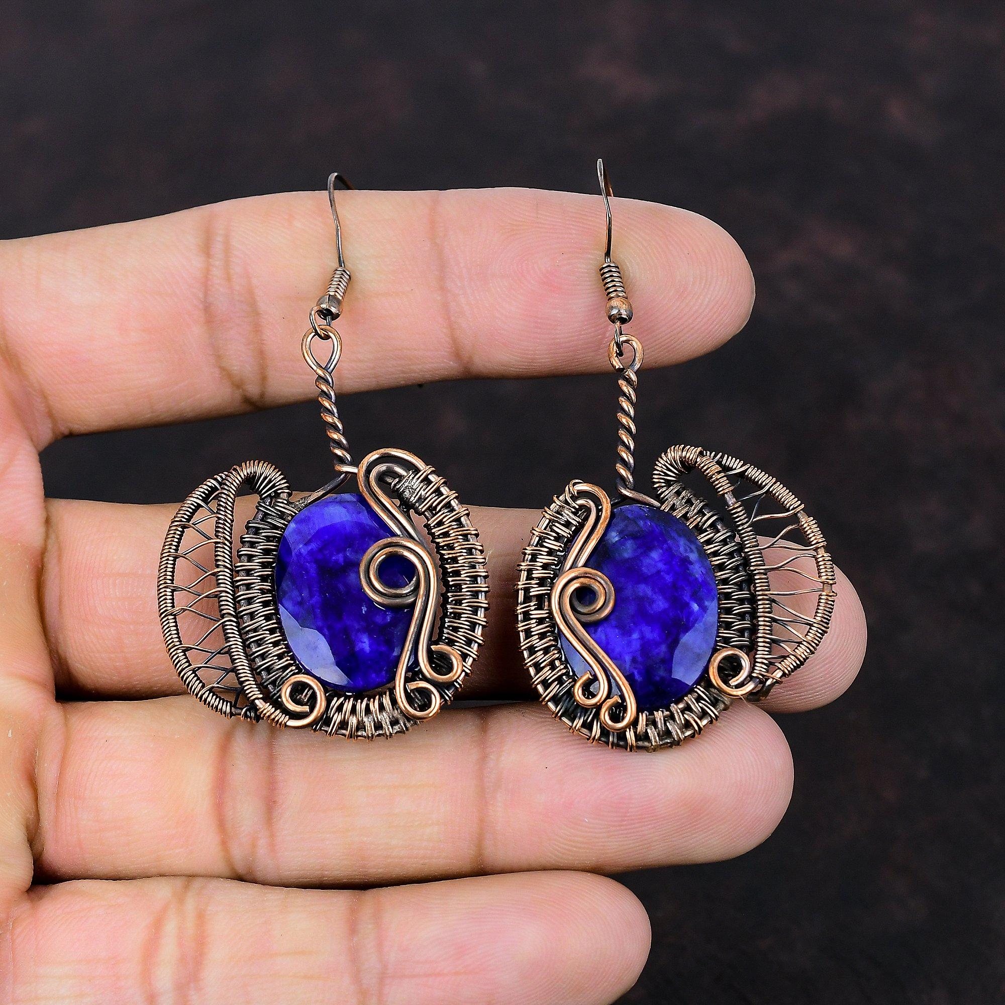 Faceted Blue Sapphire Earring Copper Wire Wrapped Earring Very Pretty Gemstone Earrings Copper Wire Jewelry Handmade Earring Gift For Mother