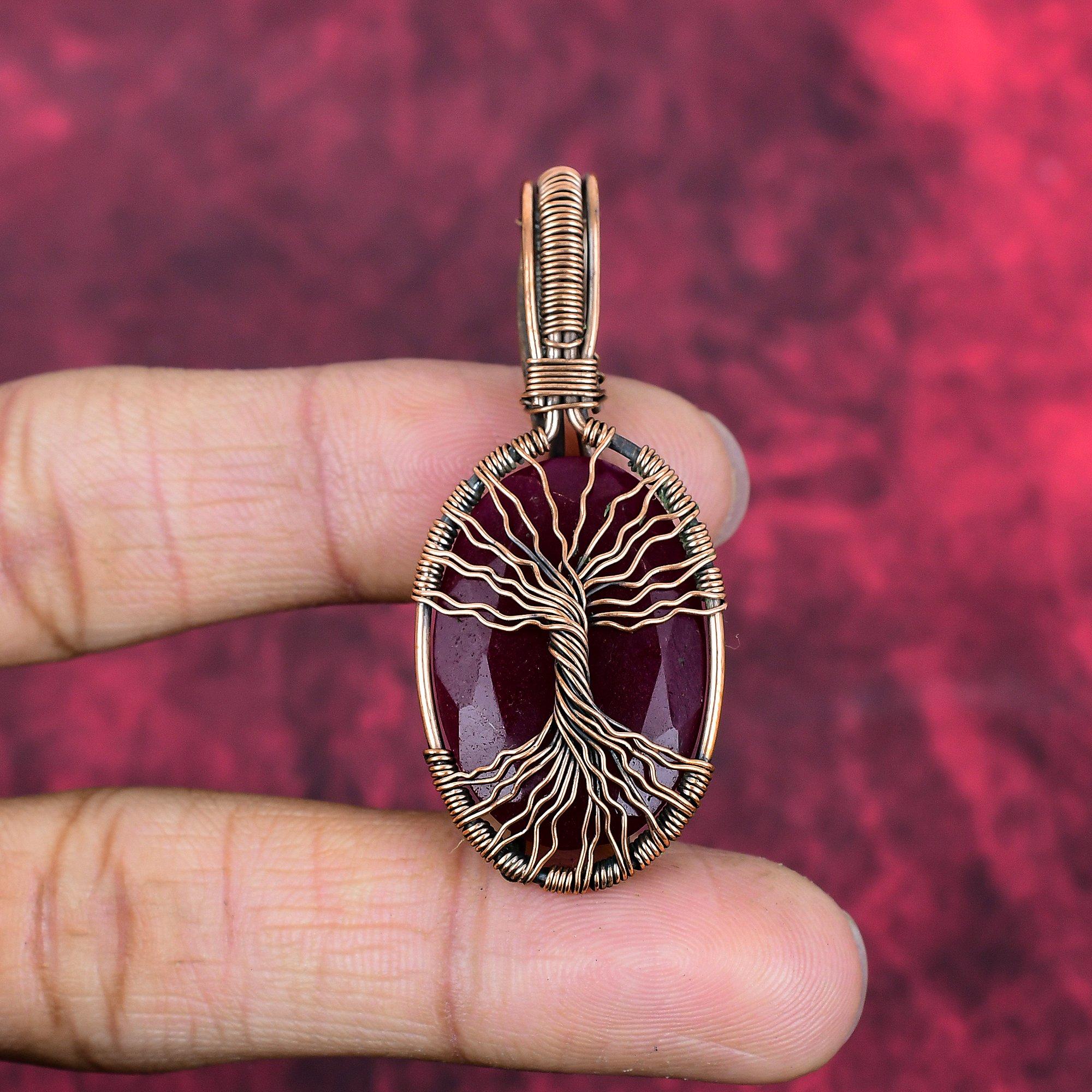 Tree of life faceted kashmir ruby pendant copper wire wrapped jewelry handmade real gemstone pendant copper wire wrap pendant gifts for wife