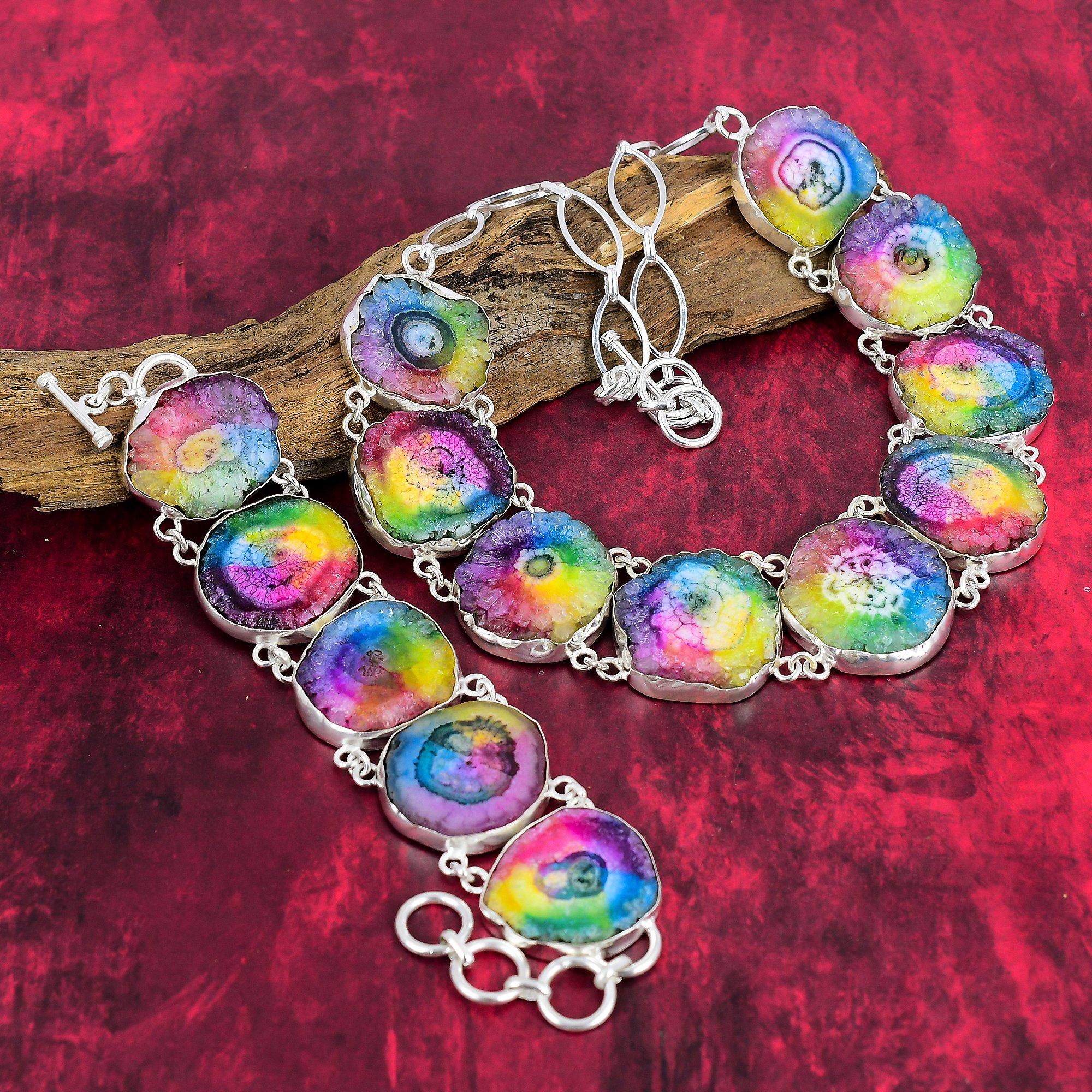 Niesamowity tęczowy naszyjnik i bransoletka z druzy słonecznej, ręcznie robiona biżuteria ze srebra próby 925, zestaw biżuterii z kamieni szlachetnych dla niej