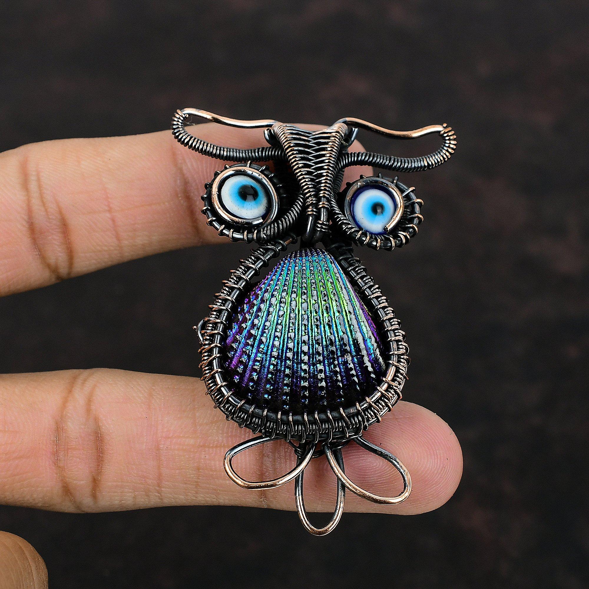 Titanium Coated Shell Copper Pendant Blue Color Evil Eye Pendant Wire Wrapped Gemstone Pendant Owl Pendants Handmade Copper Designer Jewelry