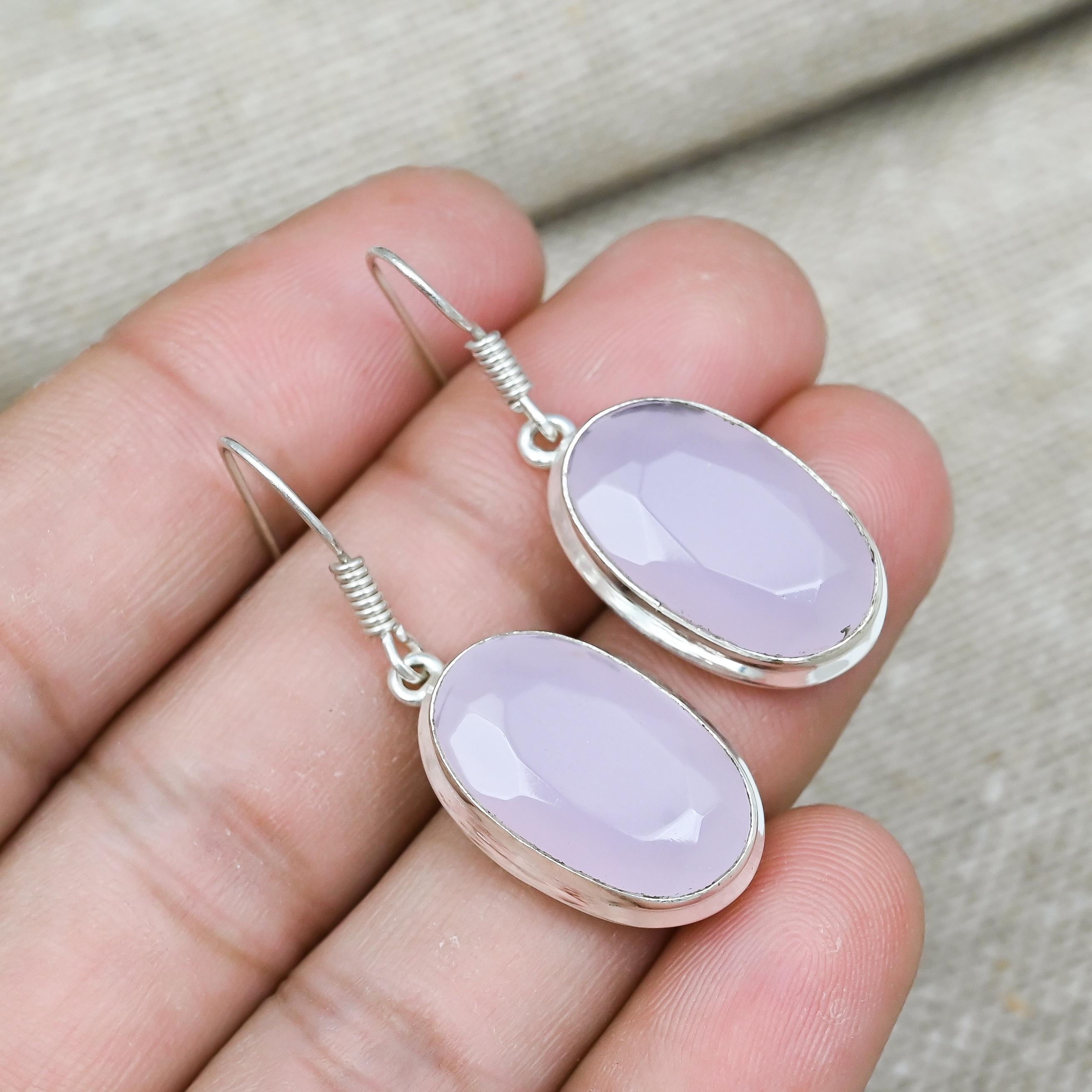 Pink Chalcedony Gemstone 925 Sterling Silver Handmade Beautiful Earring Gift For Love