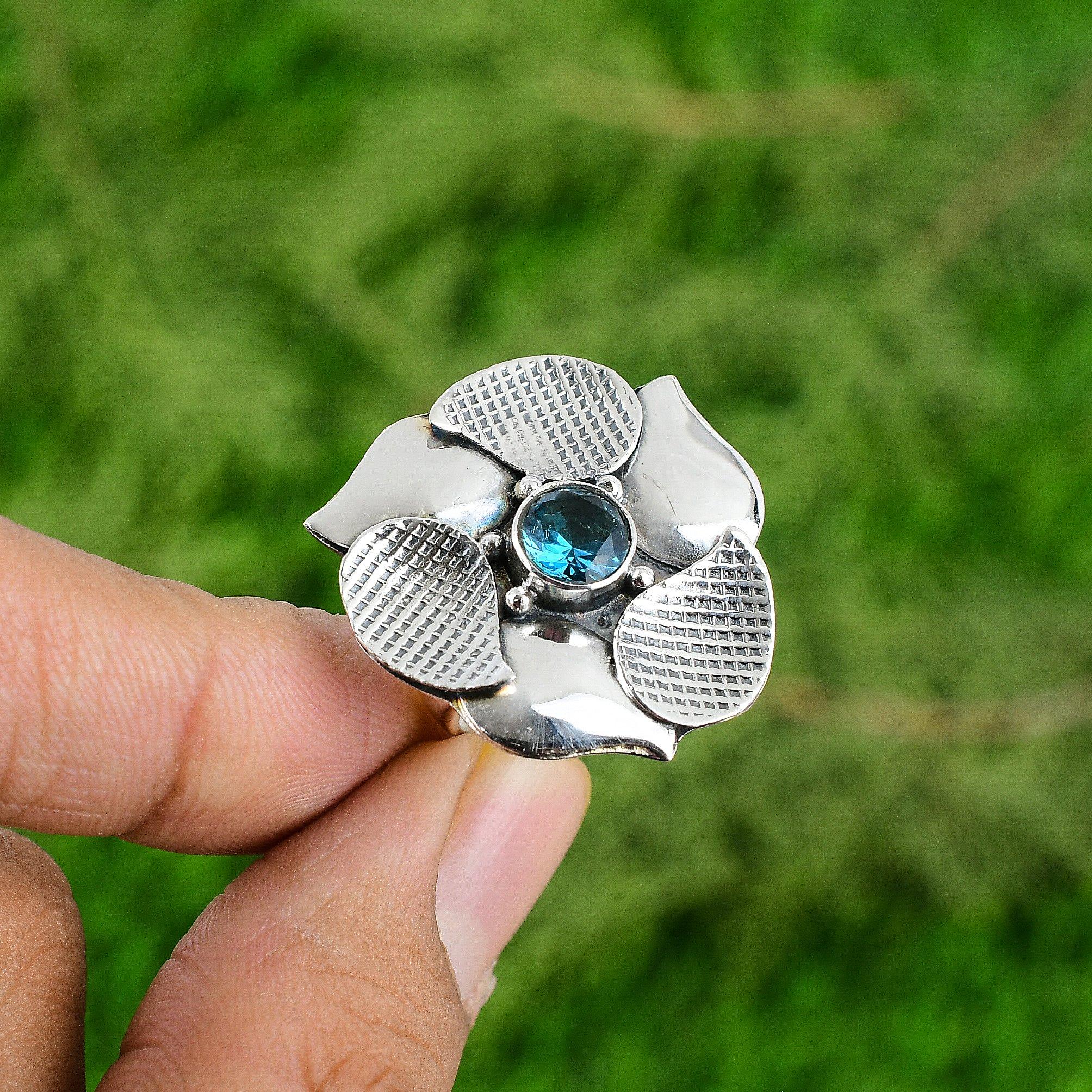 925 Silver Natural Swiss Blue Topaz Multi Stone Flower Adjustable Ring