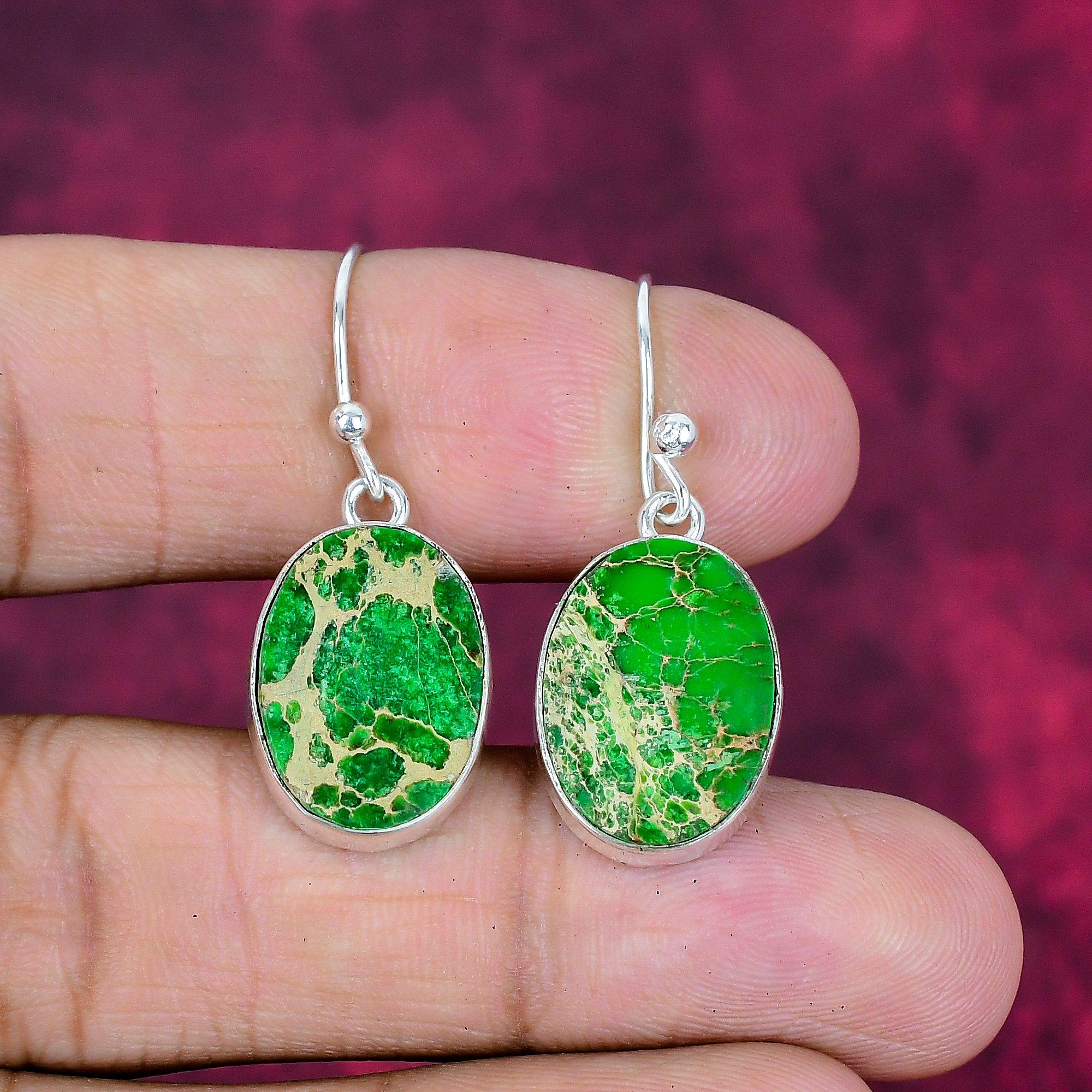 Green Sea Sediment Earrings, 925 Solid Sterling Silver Gemstone Jewelry, Handmade Earrings, Gift For Love