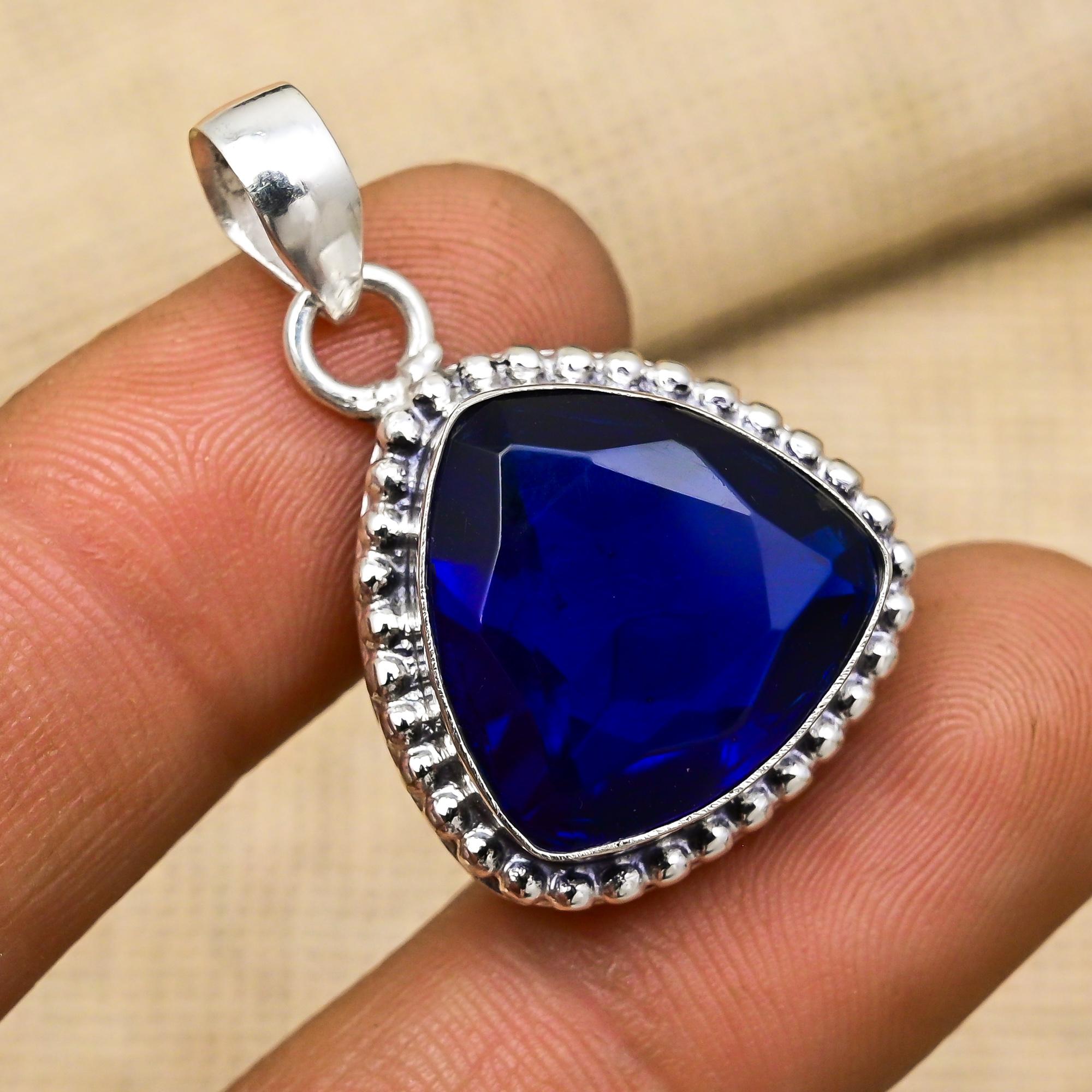 Blue Sapphire Lab-Created Gemstone 925 Sterling Silver  Jewelry Pendant Gift For Mom