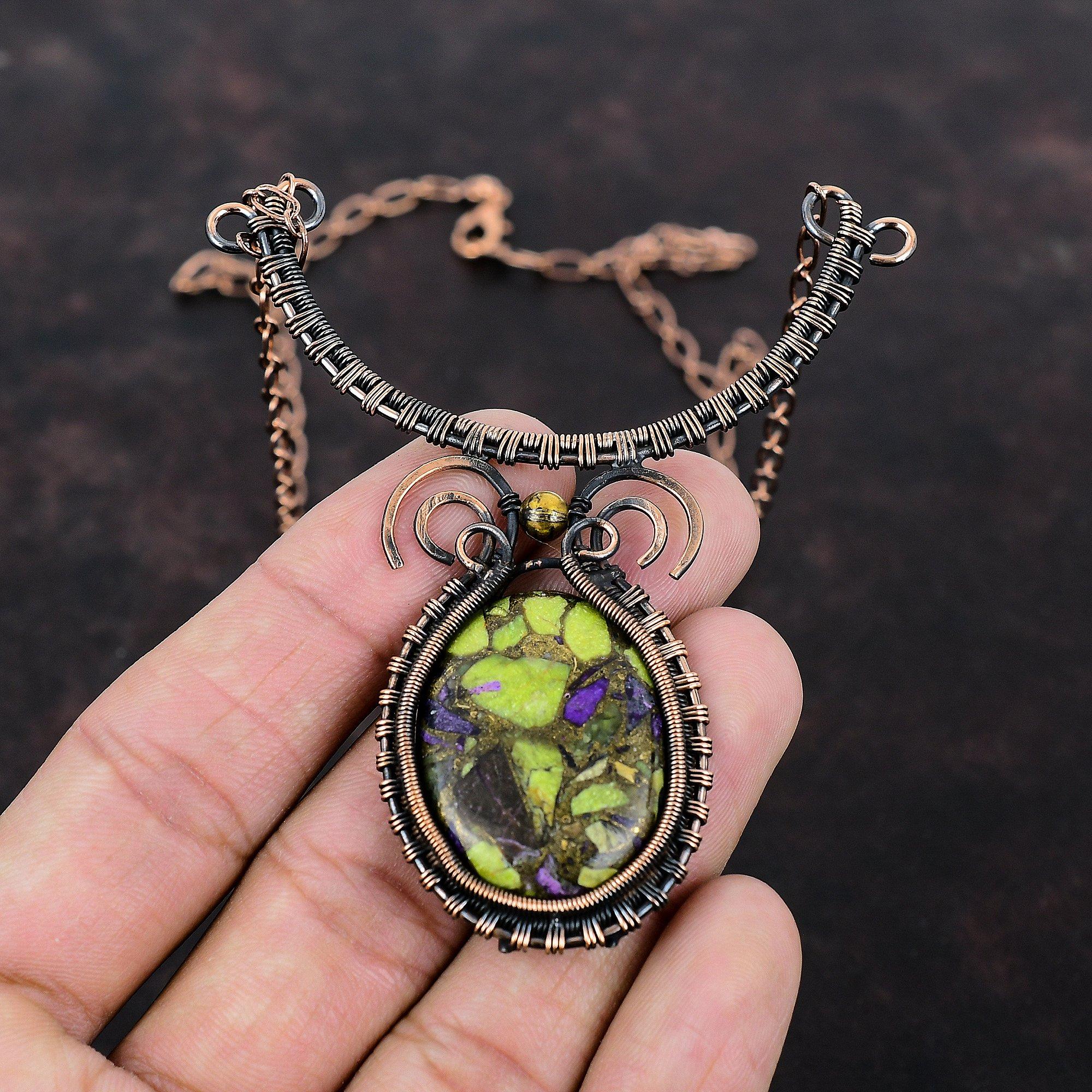 Copper Stichtite Gemstone Necklace Copper Wire Wrapped Adjustable Necklace Handmade Boho Necklace Copper Jewelry For Gift Wire Wrap Jewelry