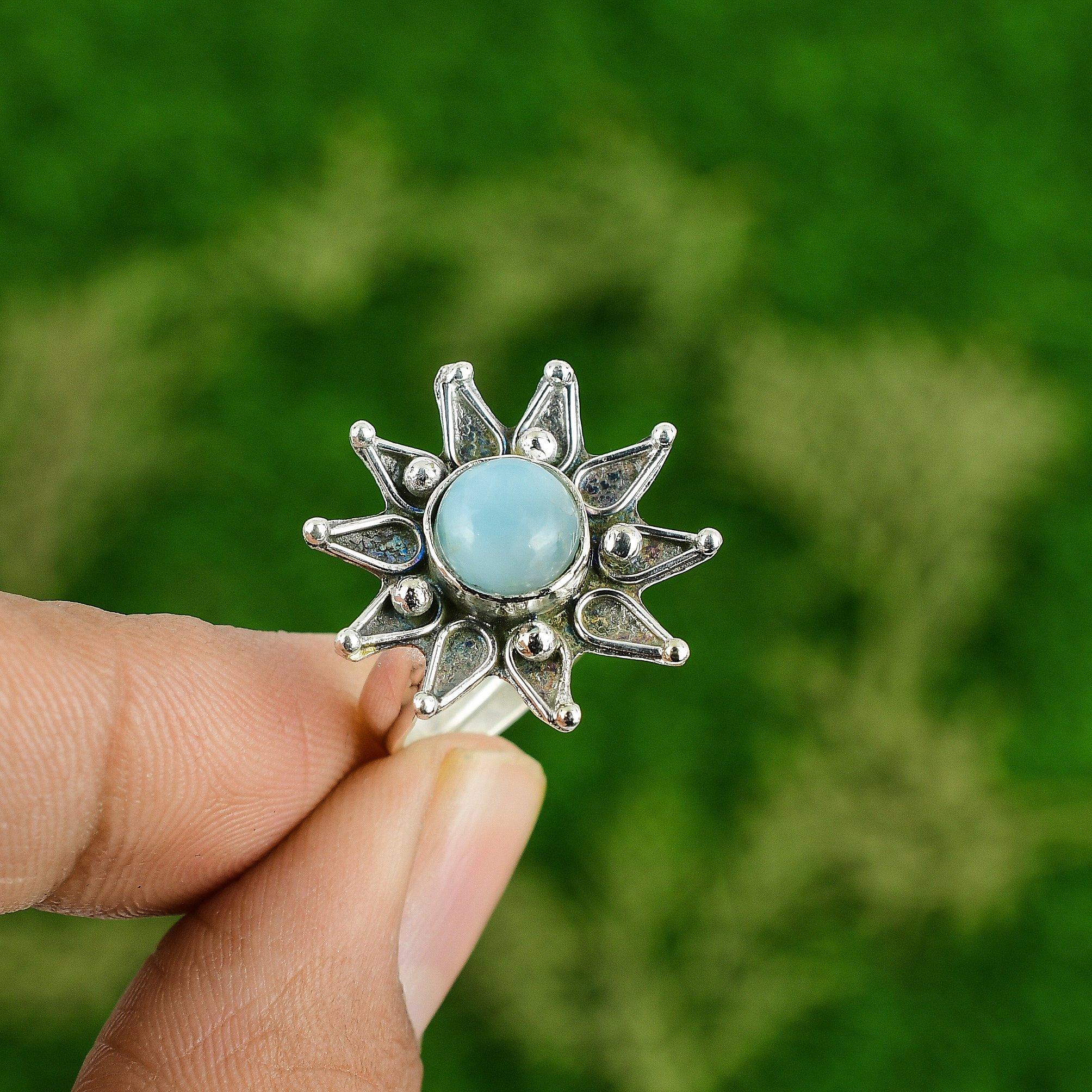 Sterling Silver Larimar Stone Birthday Engagement Promise Flower Statement Ring