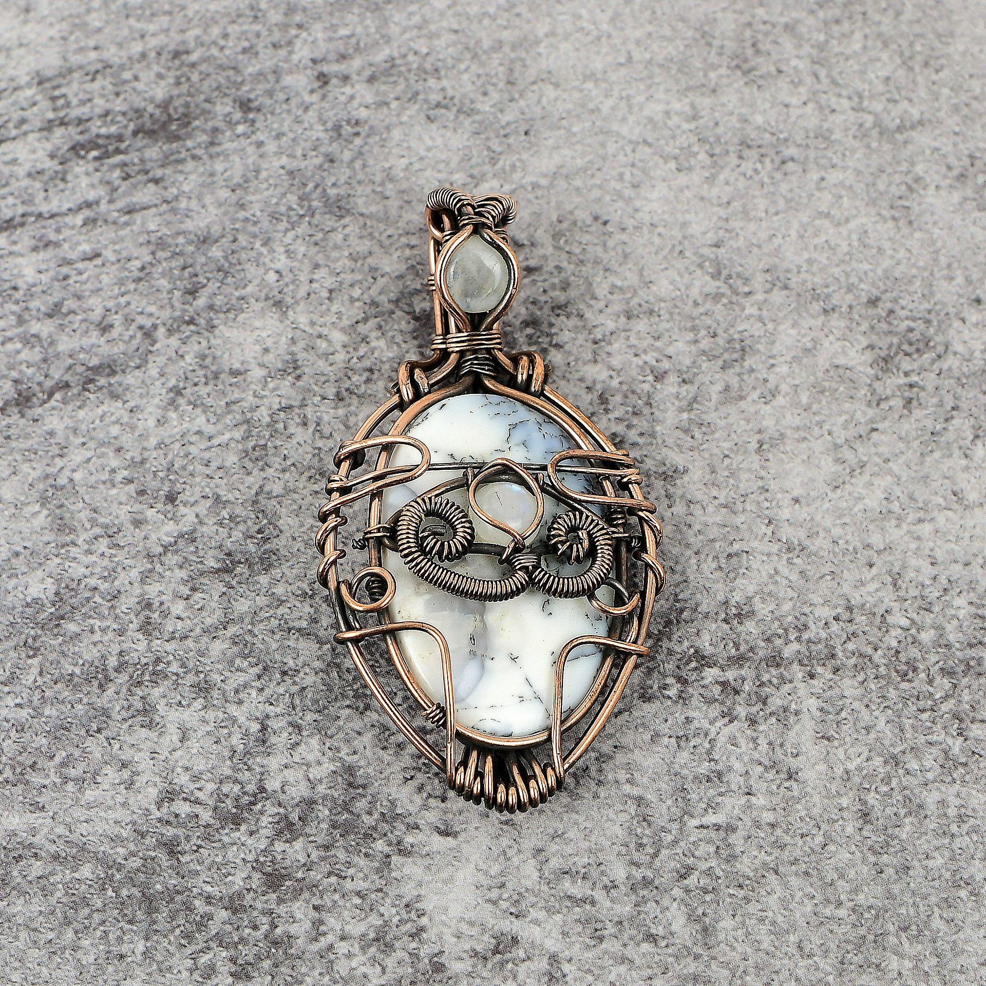 Dendrite Opal & Rainbow Moonstone 999 Copper Wire Wrapped Pendant, Handmade Gemstone Jewelry Pendant Gift For Birthday