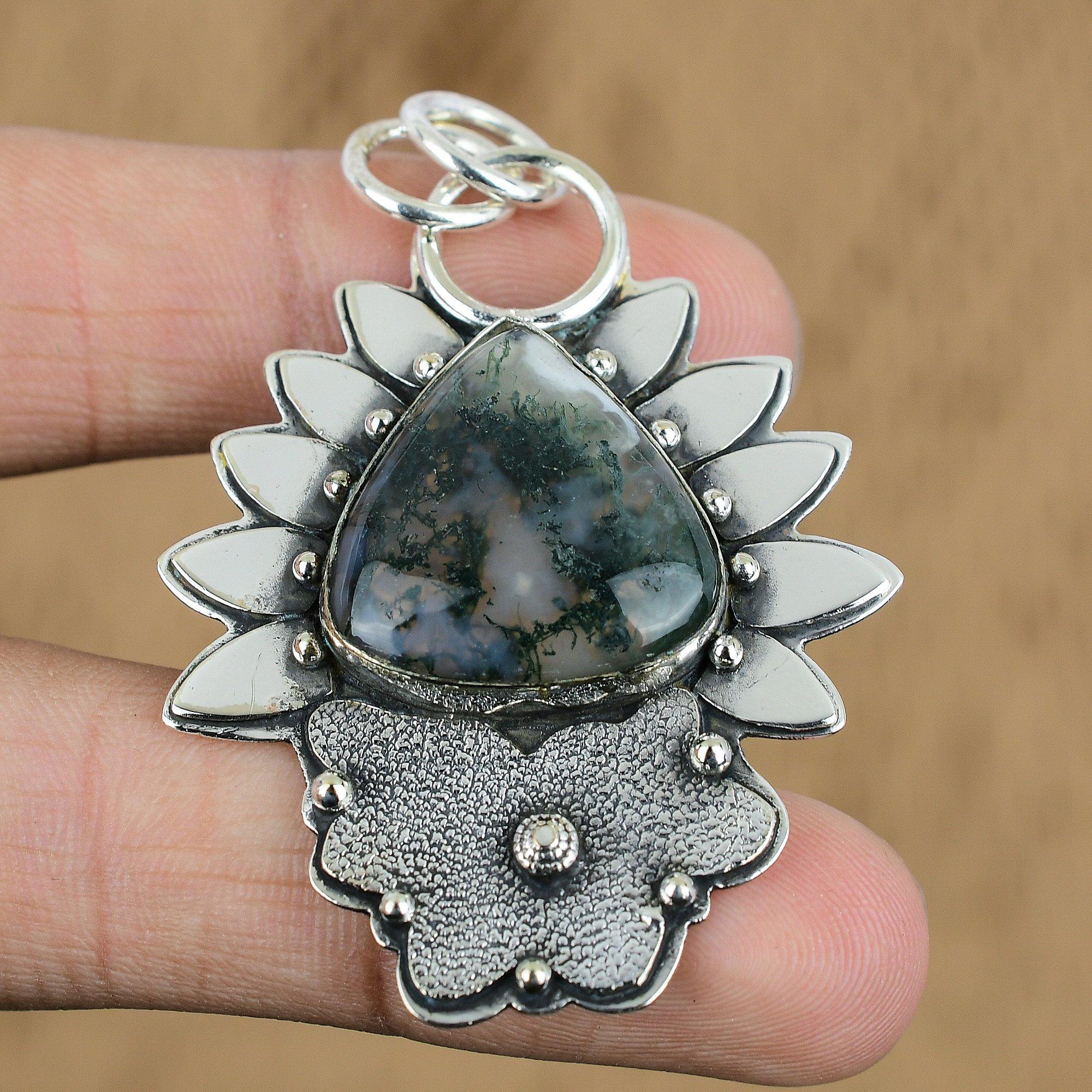 Natural Solar Moss Agate Gemstone Pendant 925 Sterling Silver Indian Jewelry