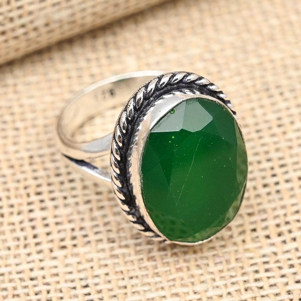Faceted Green Onyx Gemstone Handmade Solid 925 Sterling Silver Ring Jewelry