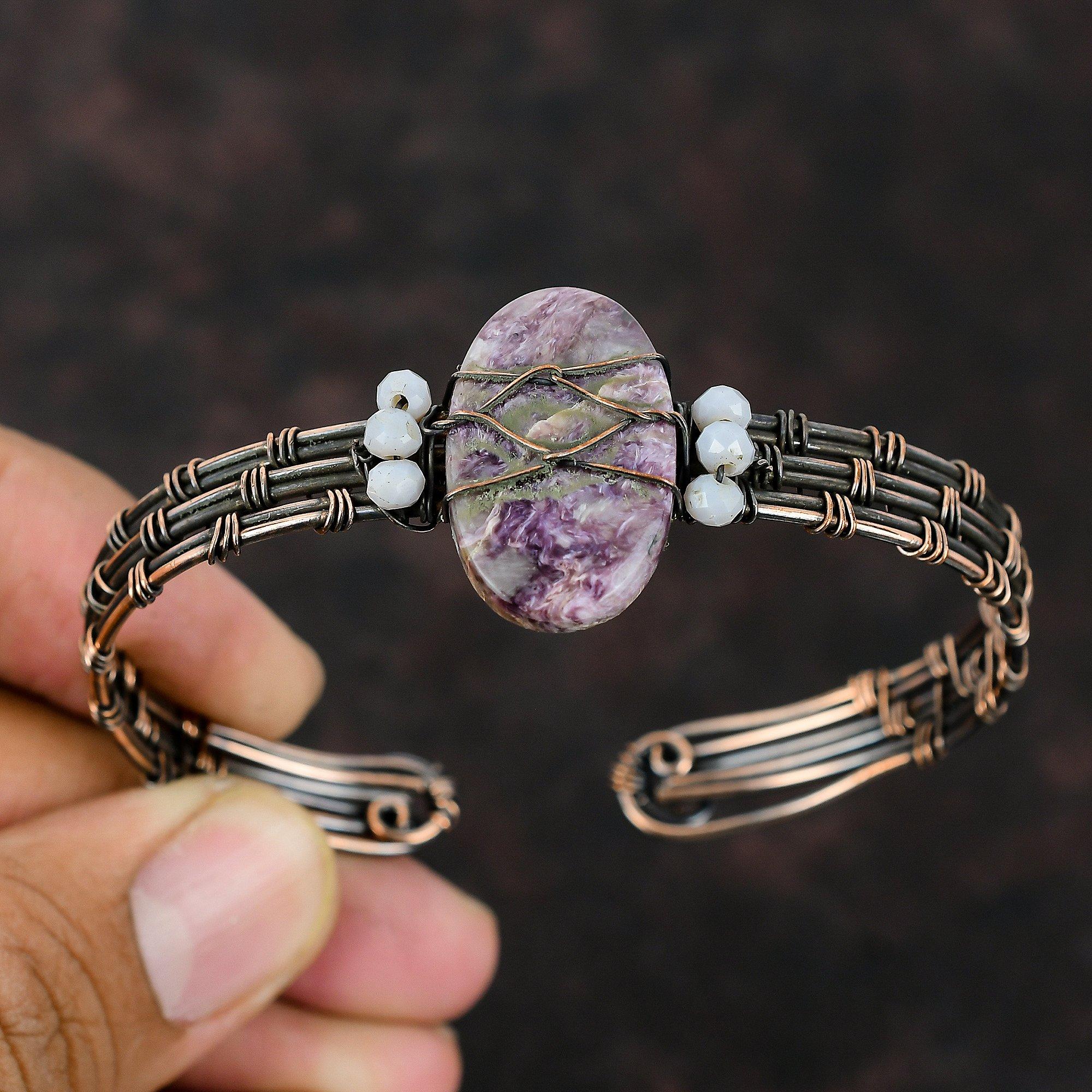 Charoite Cuff Bracelet Blue Lace Agate Beads Bangle Wire Wrap Jewelry Adjustable Bangle Copper Wire Wrapped Bangle Handmade Gemstone Jewelry