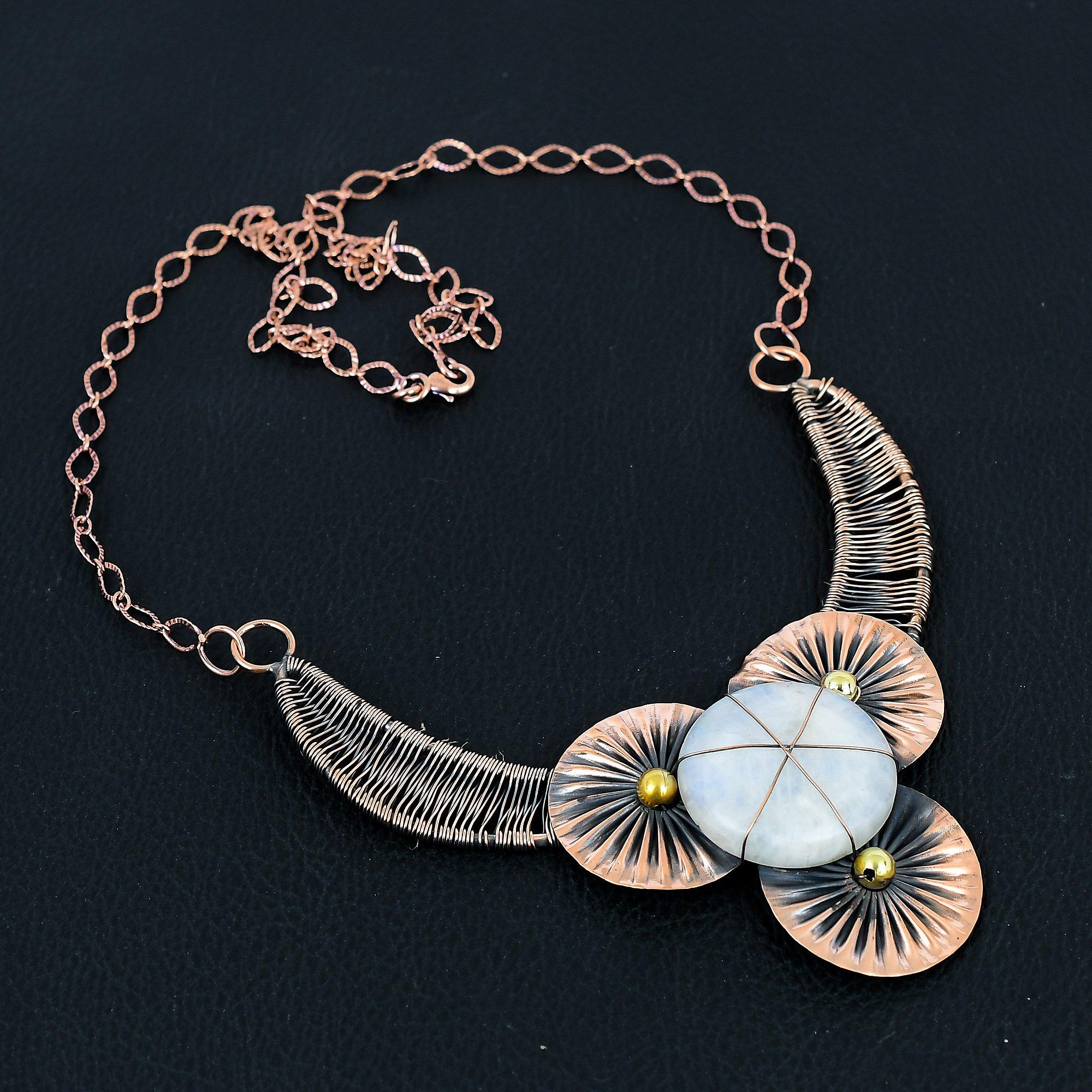 Moonstone Gemstone Handmade Pure Copper Wire Wrap Jewelry Necklace For Love
