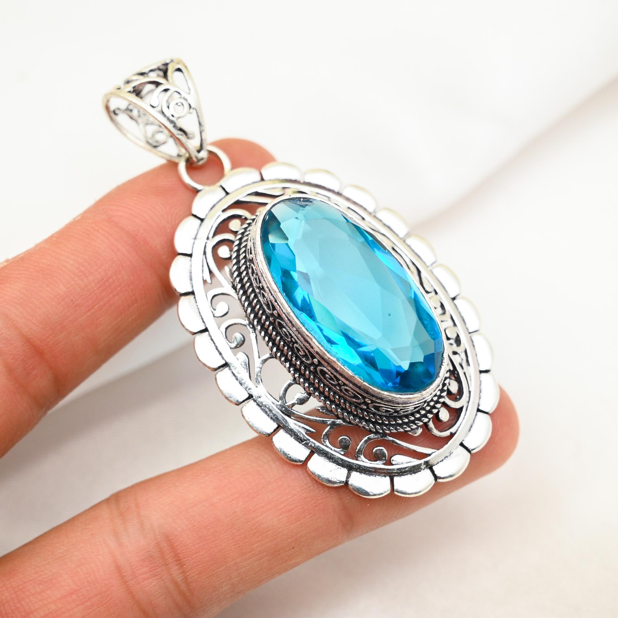 Blue Topaz Pendant, 925 Solid Sterling Silver Gemstone Jewelry, Handmade Pendant, For Thanksgiving