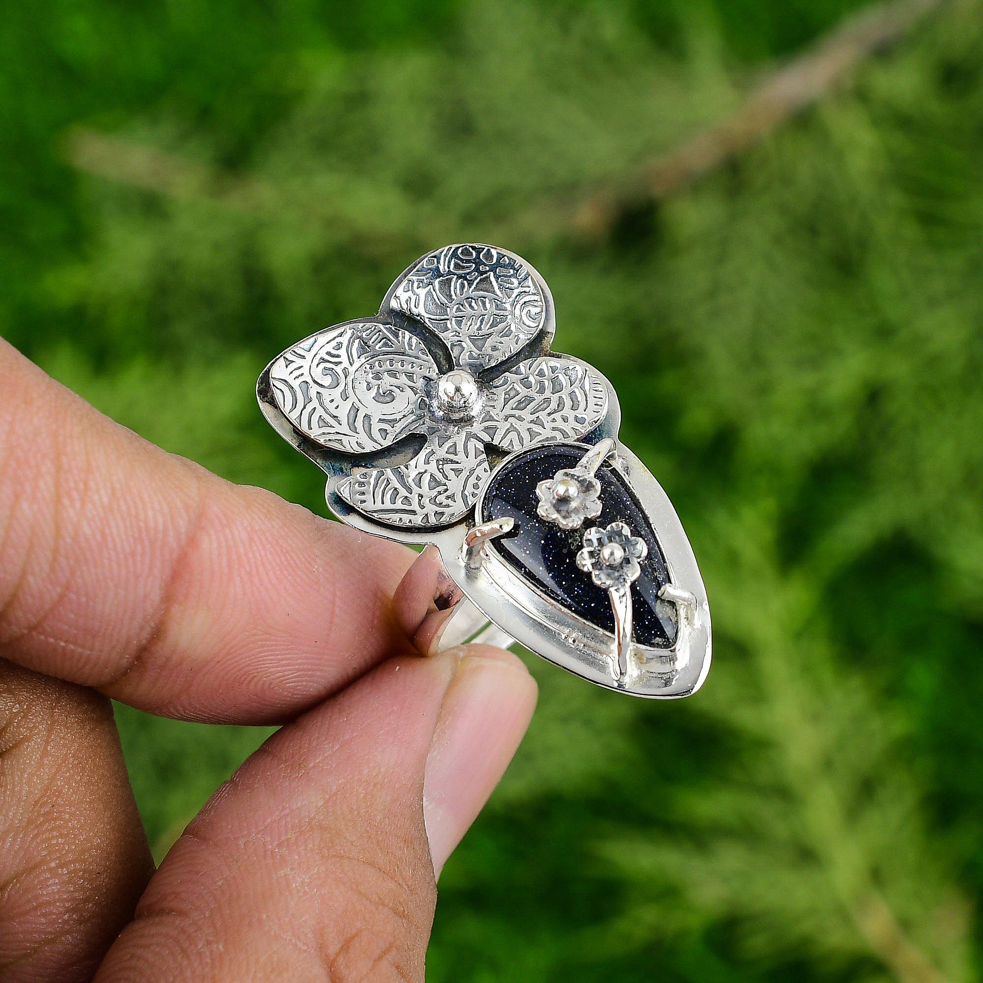 Sterling Silver Blue Sunstone Stone Artisan Bezel Statement Flower Sister Ring
