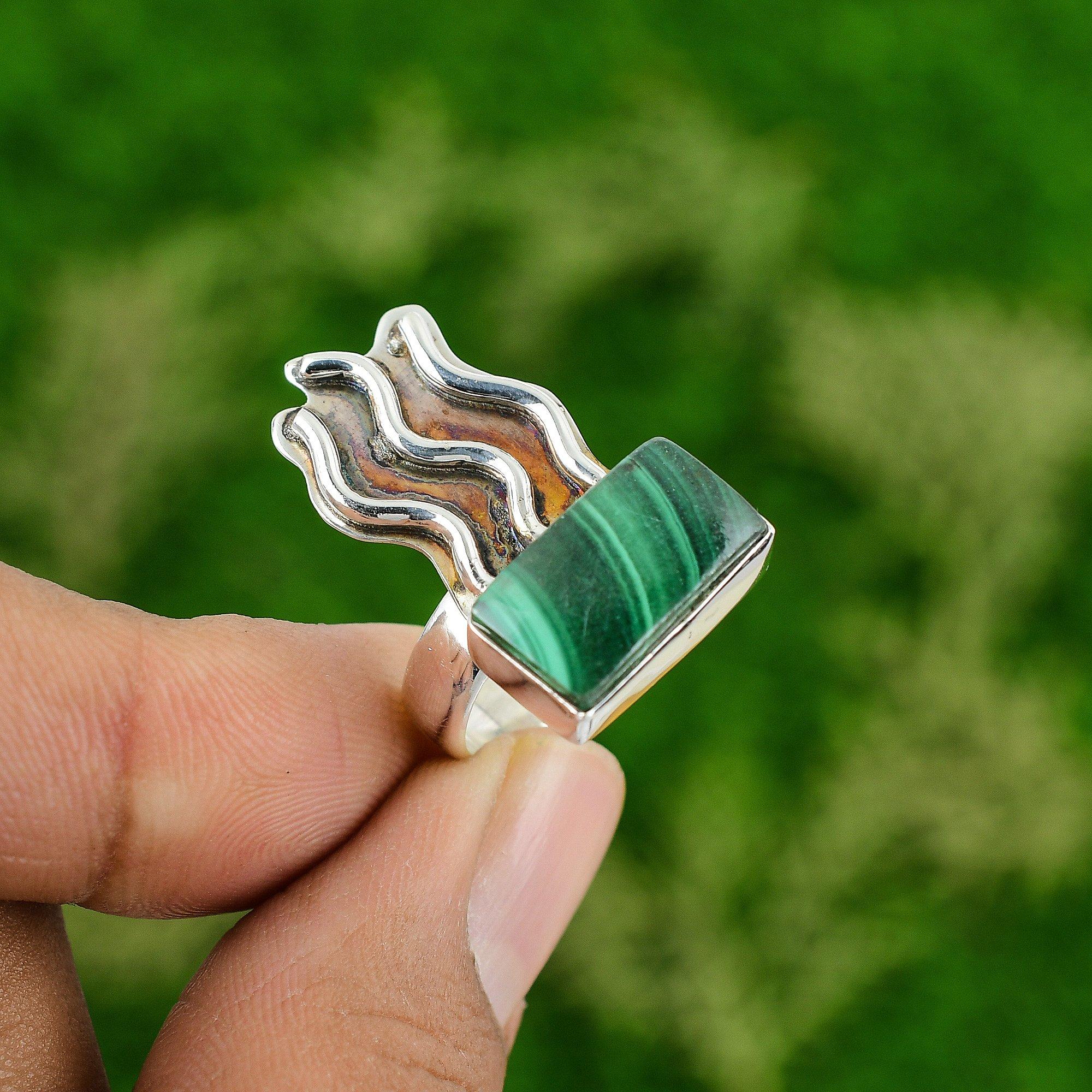 Gift For Her 925 Silver Natural Russian Malachite Promise Ring Size 6.75