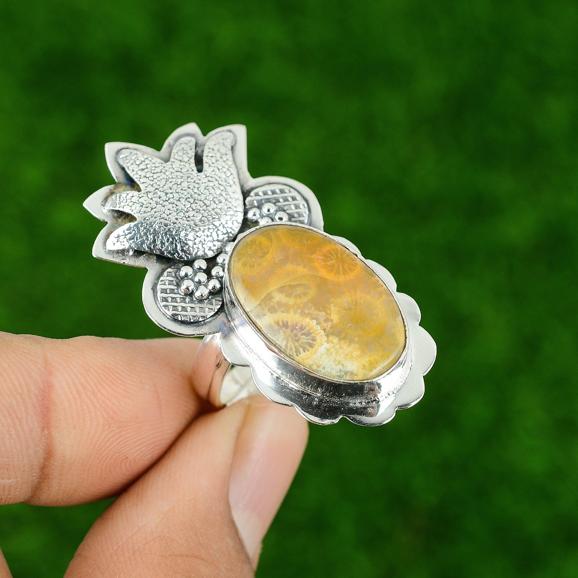 Fossil Coral Stone 925 Sterling Silver Statement Bezel Wife Engagement New Ring