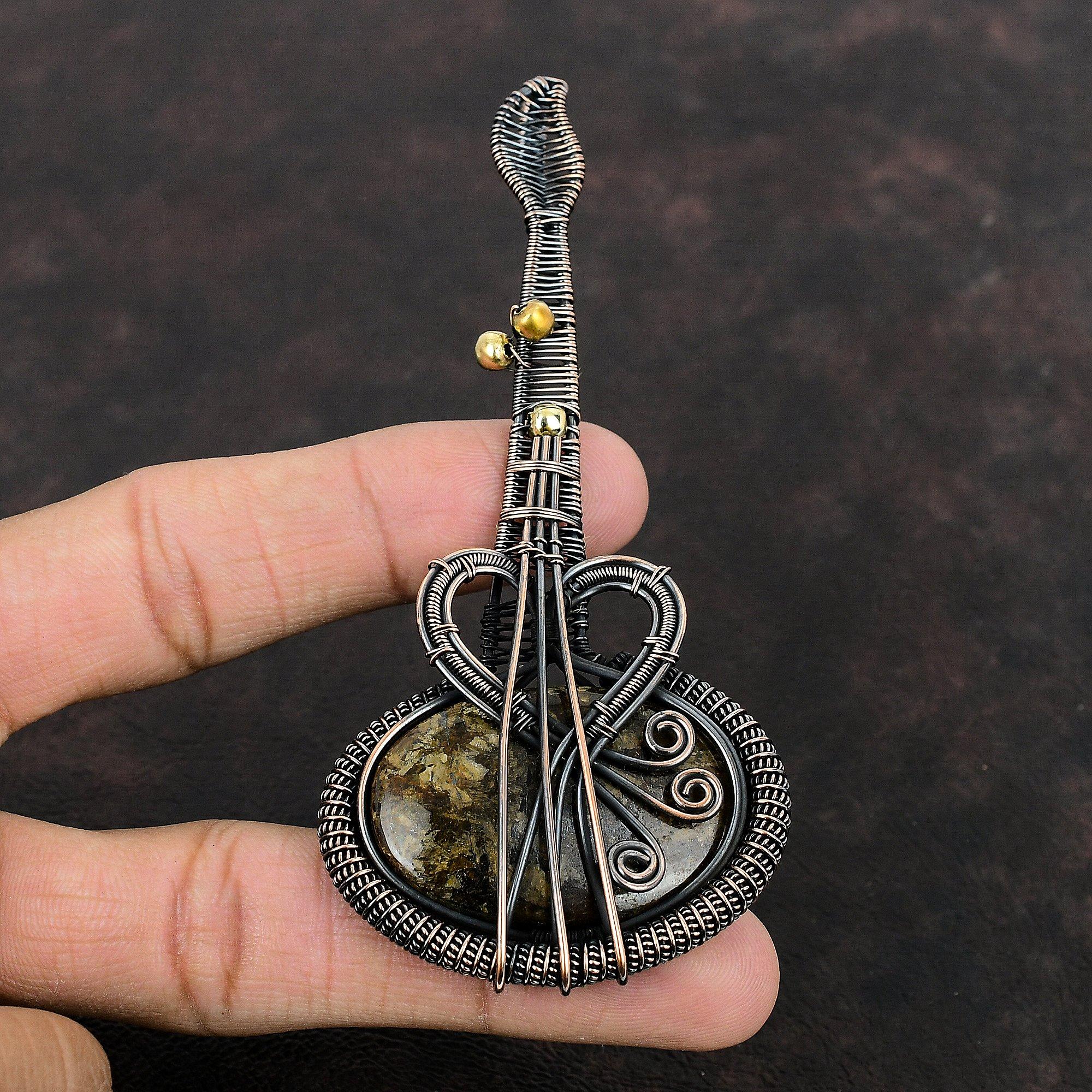 Bronzite Pendant Copper Wire Wrapped Pendant Bronzite Guitar Pendant Wrapped Jewelry Handmade Pendant Unique Copper Jewelry Gemstone Pendant