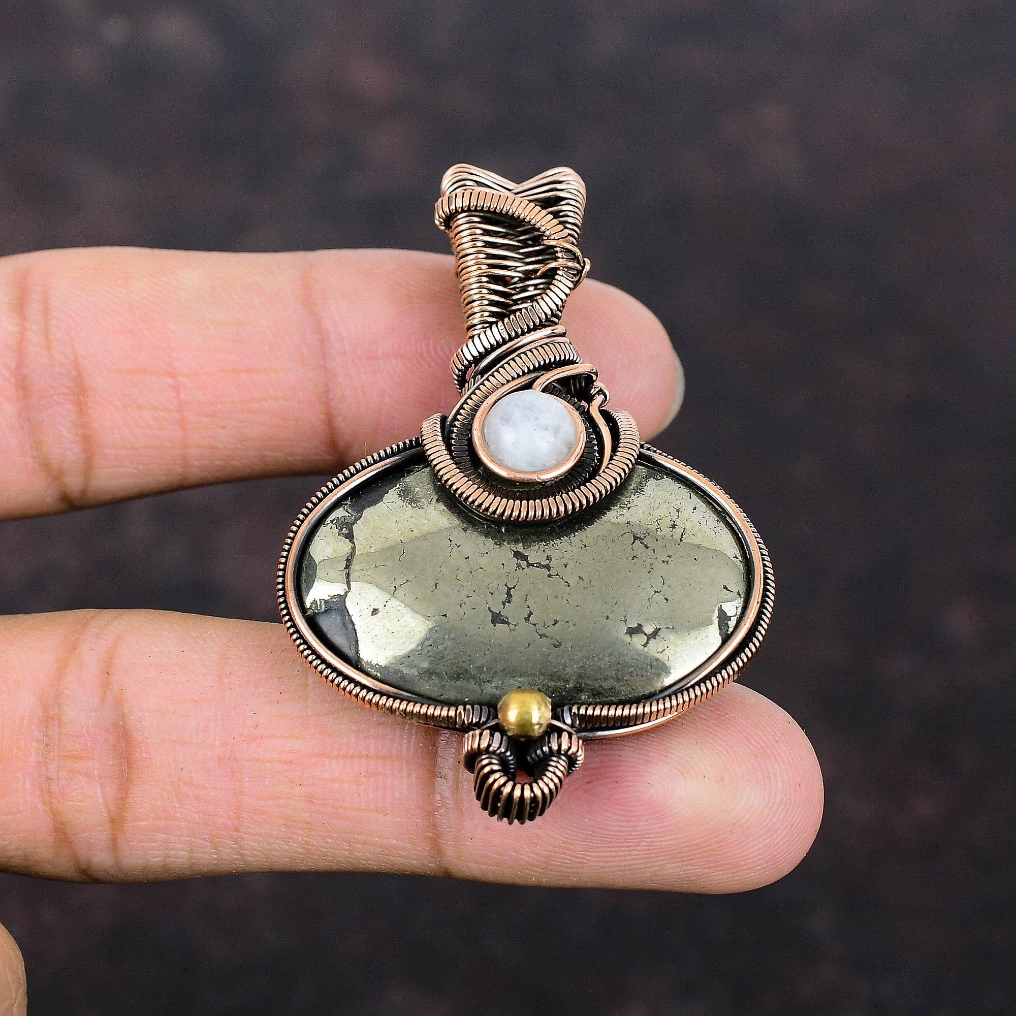 Pyrite Pendant Copper Wire Wrapped Pendant Handmade Rainbow Moonstone Jewelry Original Gemstone Pendant Gift For Mom Copper Designer Jewelry