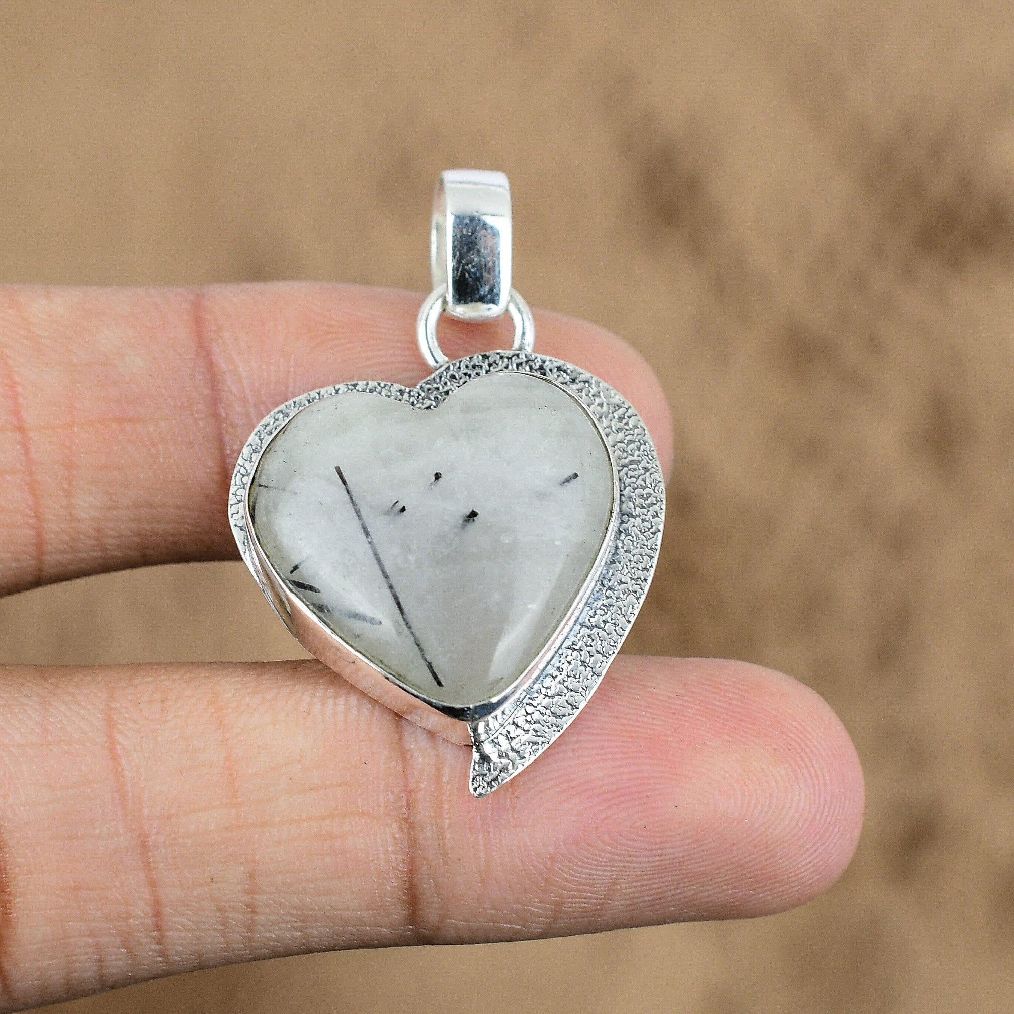 Birthday Gift For Her Natural Black Rutile Gemstone Pendant Heart 925 Silver