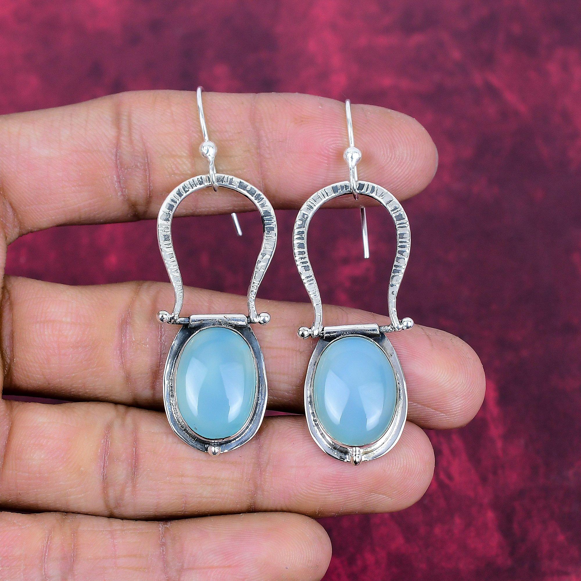 Blue Chalcedony Gemstone 925 Solid Sterling Silver Handmade Antique Jewelry Gift For Mother Earrings