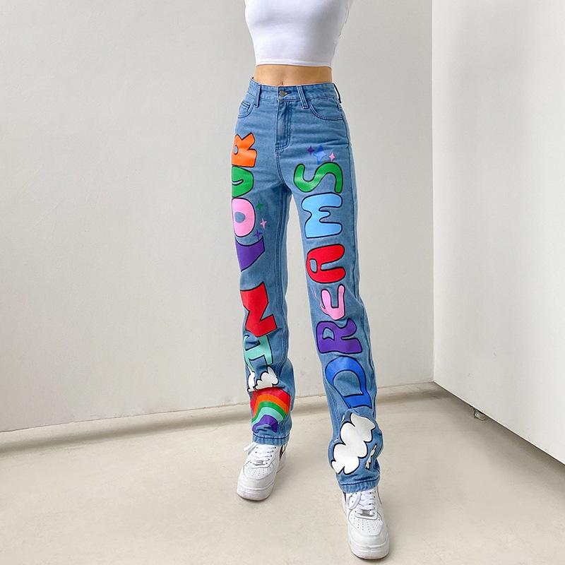 Trendy High-Waisted Loose Fit Printed Graffiti Women's Straight-Leg Jeans, Rainbow Denim Pants Loose Graffiti Printed
