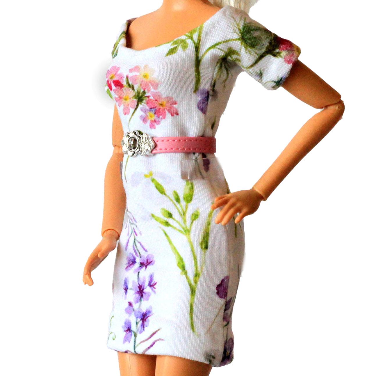 Buy Doll Dress White Violet Flowers Round Deep Neck Pink Belt Mini