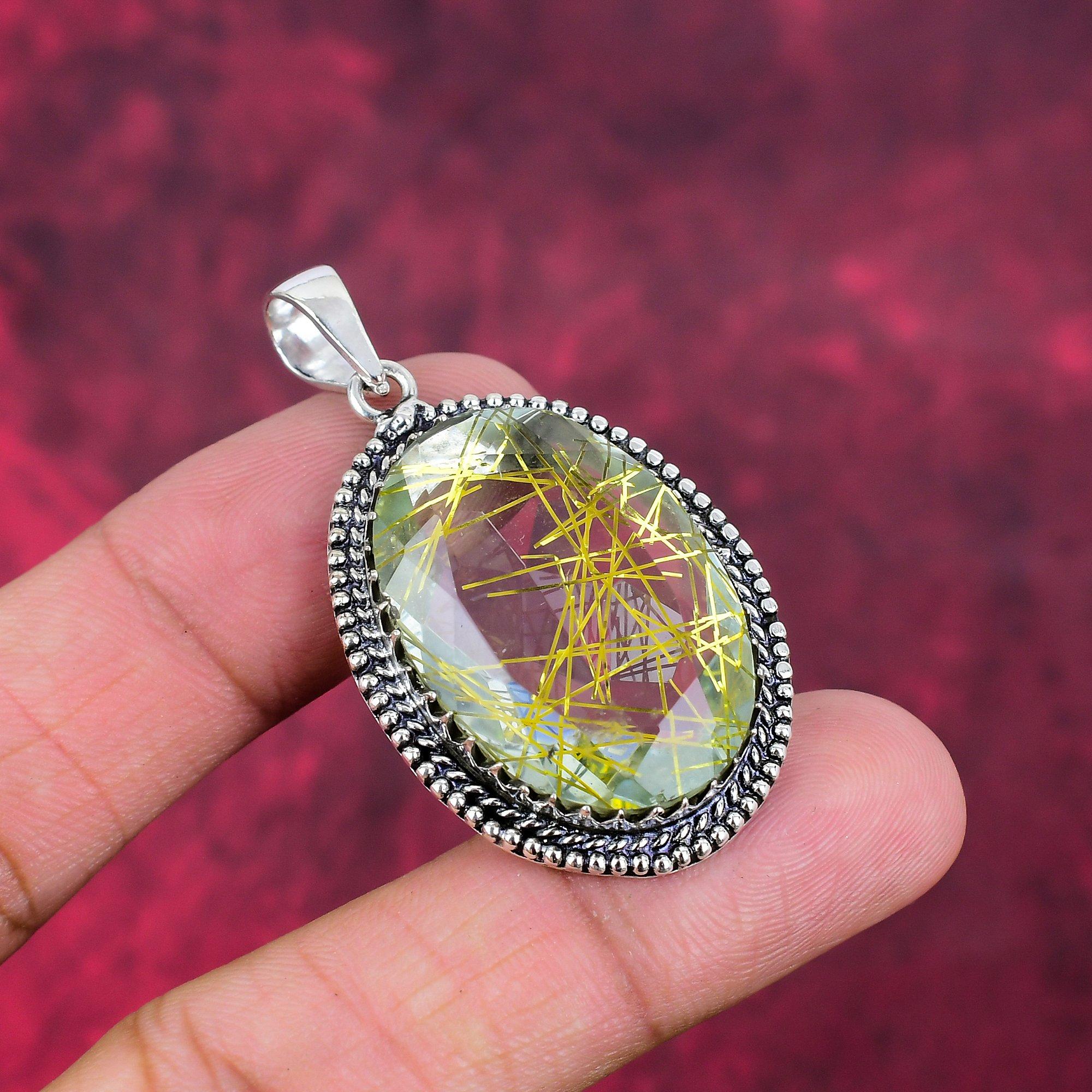 Golden Rutile Jewelry Handmade Gemstone Pendant, 925 Sterling Silver Antique Jewelry Pendant, For Engagement Gift