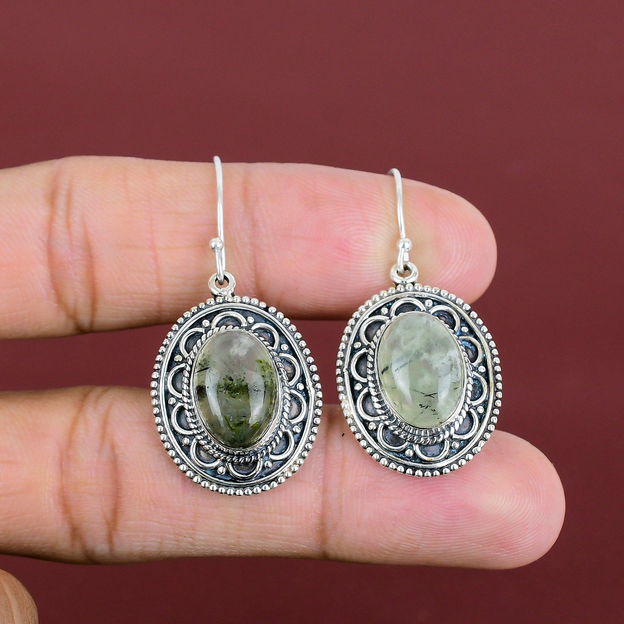 Moss Prehnite Earring Vintage Earrings Genuine Gemstone Earring 925 Sterling Silver Earring Unique Jewelry Handmade Earrings Gifts For Wife