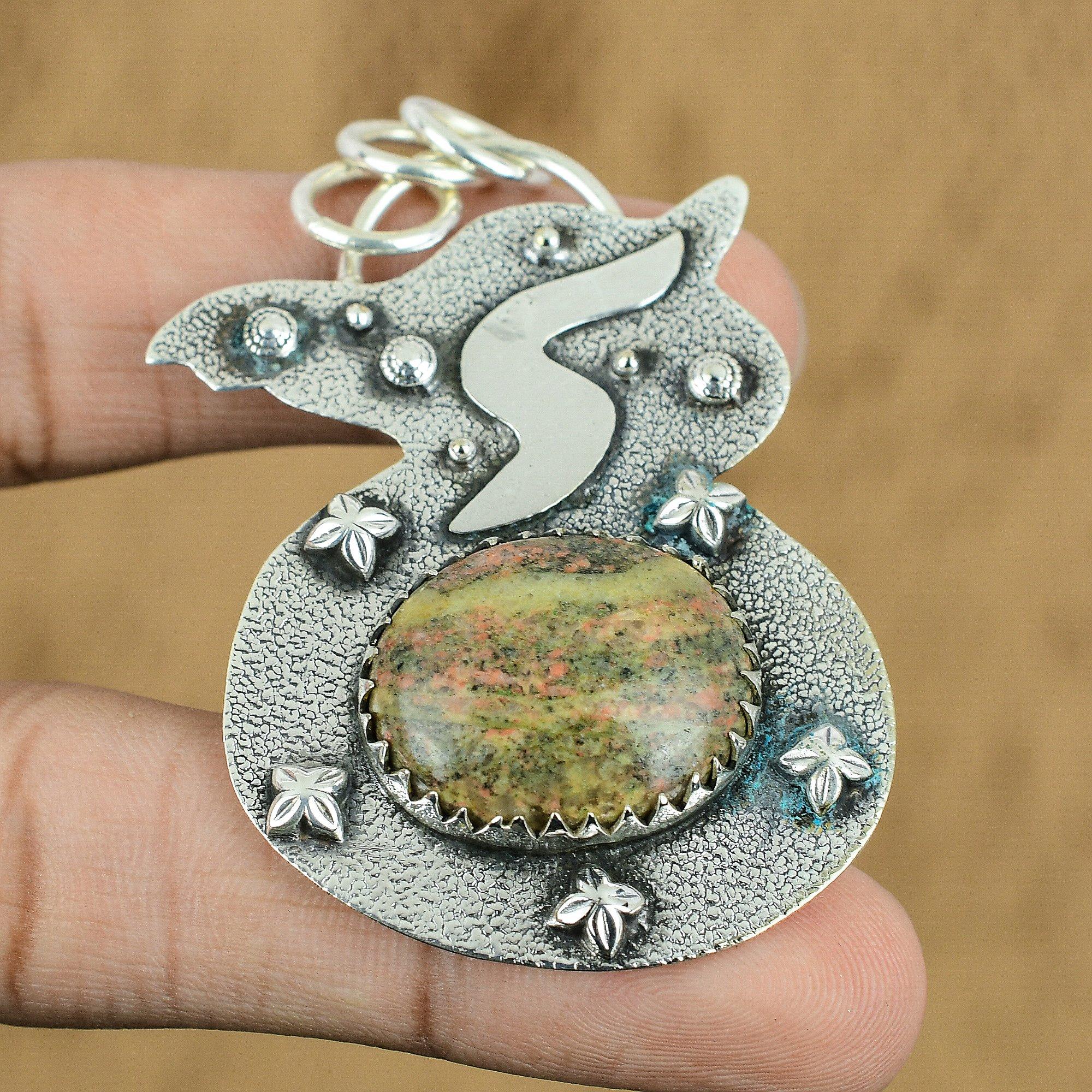 Natural Unakite Gemstone Pendant Green 925 Sterling Silver Indian Jewelry