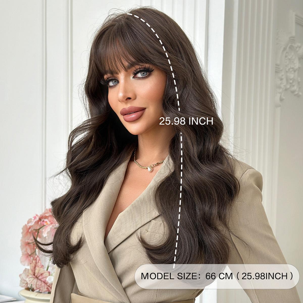 Middle East Cool Brown Big Waves Wig for Women - Air Bangs Long Curly Hair, Heat Style Trim Ready, European American Daily High Quality