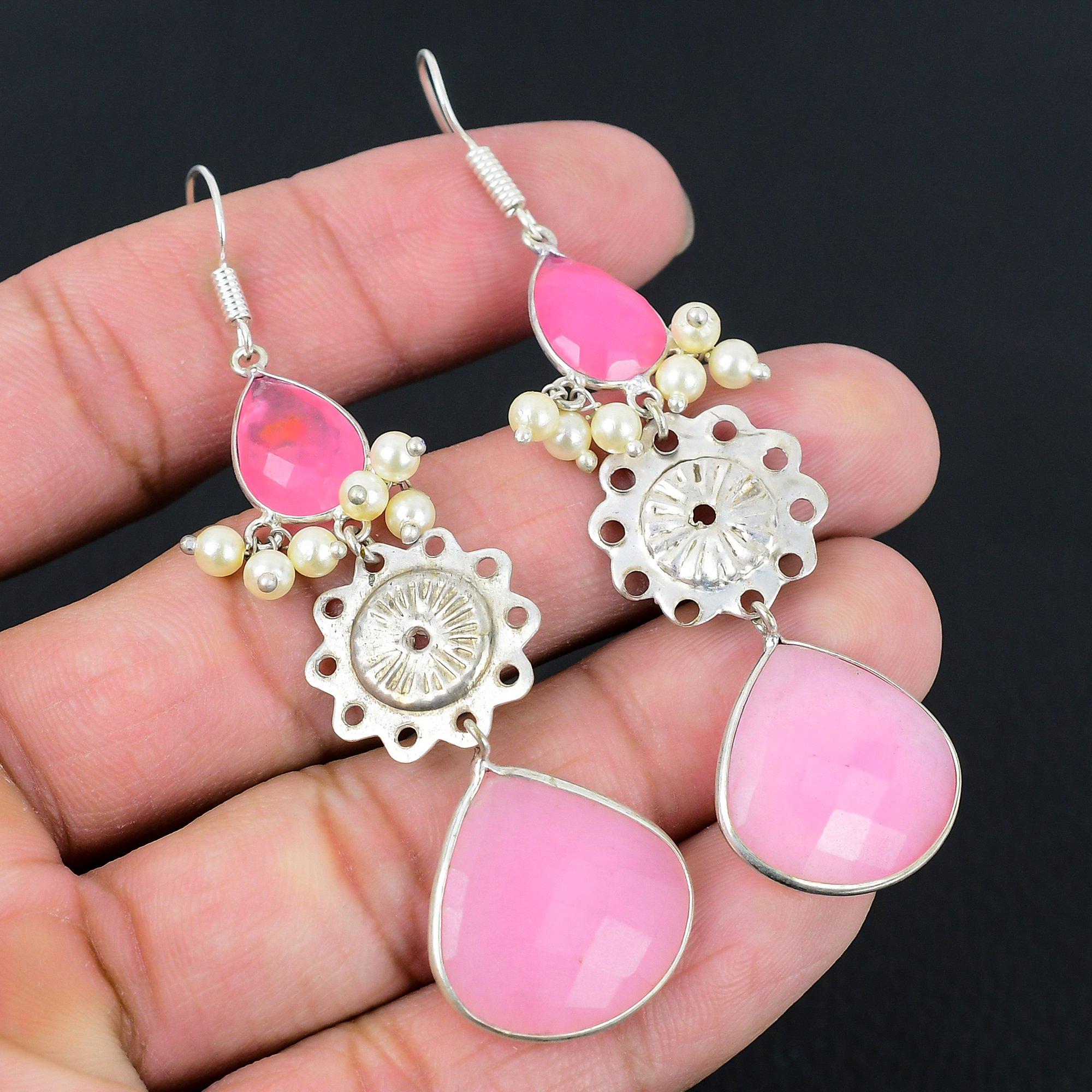 925 Silver Natural Pink Chalcedony Dangle Drop Sister Unique Earrings Jewelry