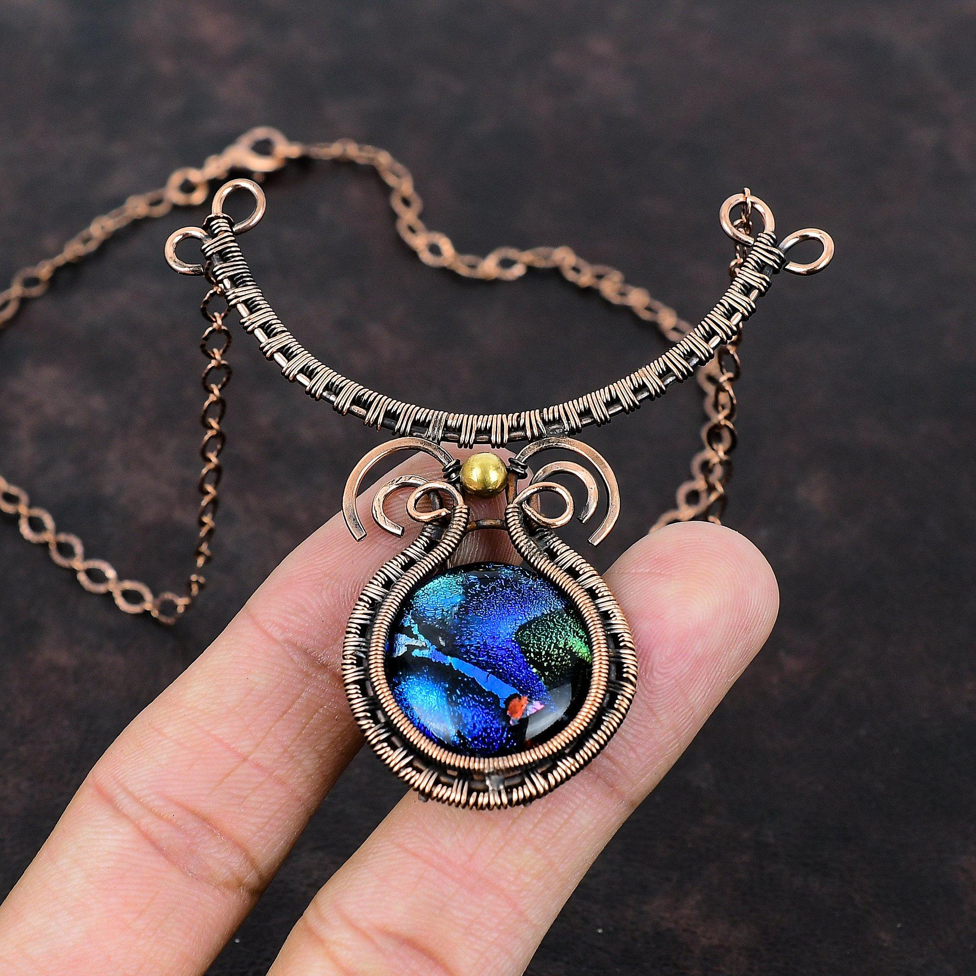 American Dichroic Glass Necklace Copper Wire Wrapped Gemstone Jewelry Adjustable Necklace Handmade Ethnic Jewelry Copper Wire Wrap Necklace