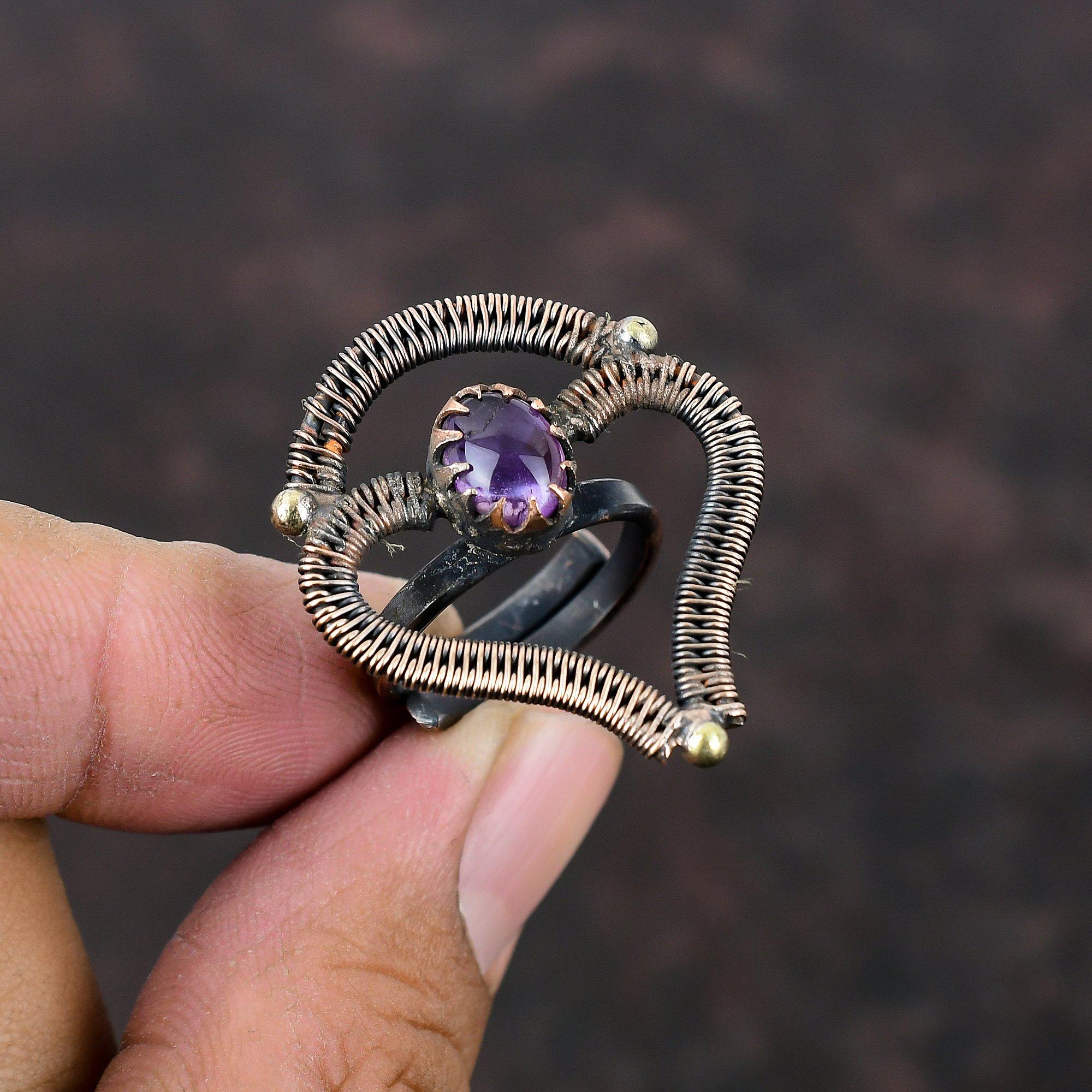 African Amethyst Ring Copper Wire Wrapped Ring Adjustable Ring Handmade Wire Wrap Jewelry Gemstone Ring Designer Copper Jewelry Gift For Him