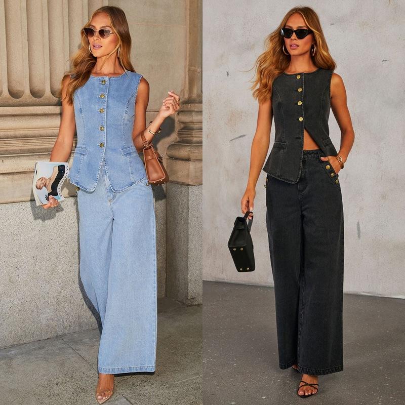 Vår Slim Denim Vest Jeans Sett Dame Elegant Enkeltbrystet O-hals Vest Brede Benbukser Sett