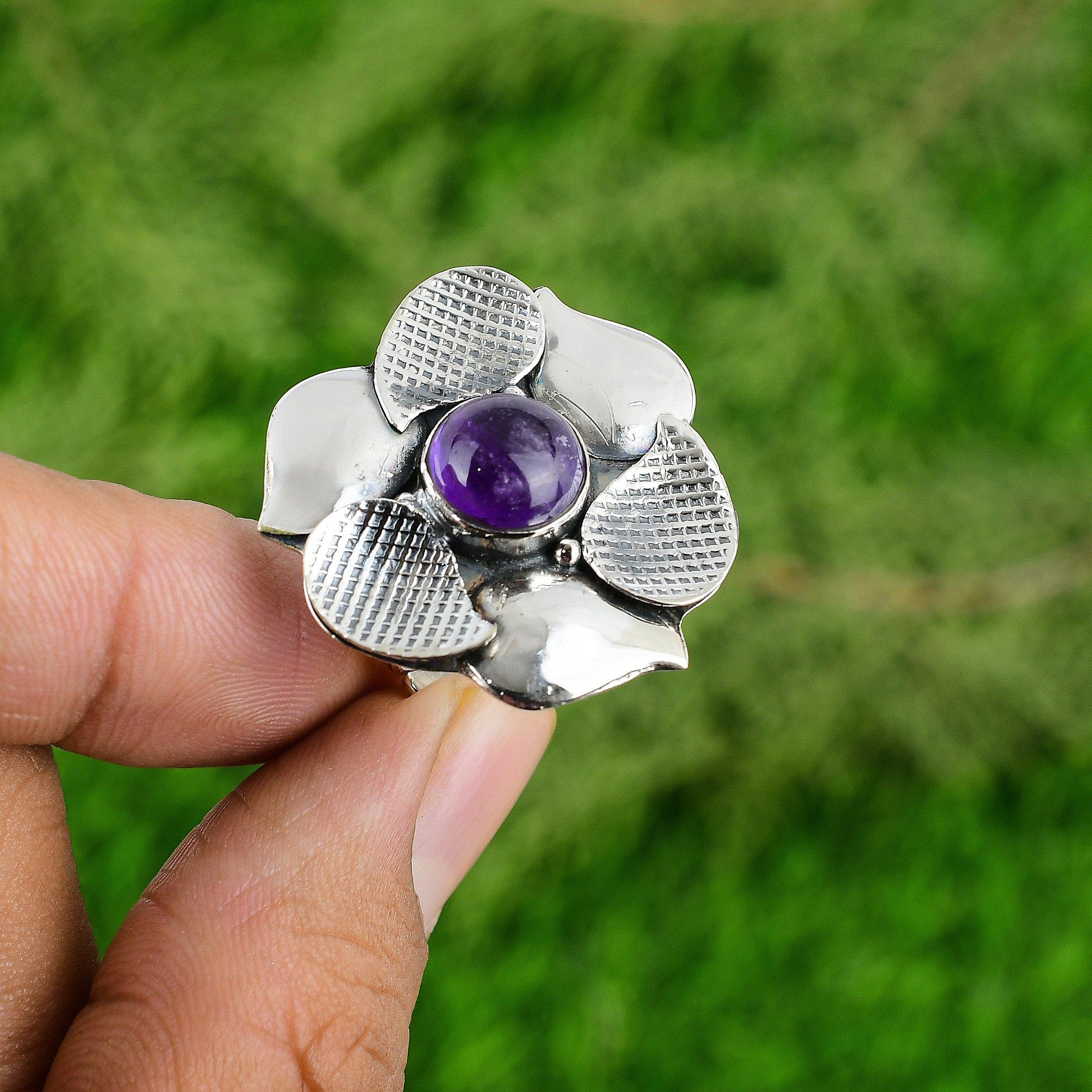 Sterling Silver February African Amethyst Stone Solitaire Flower Ring Jewelry