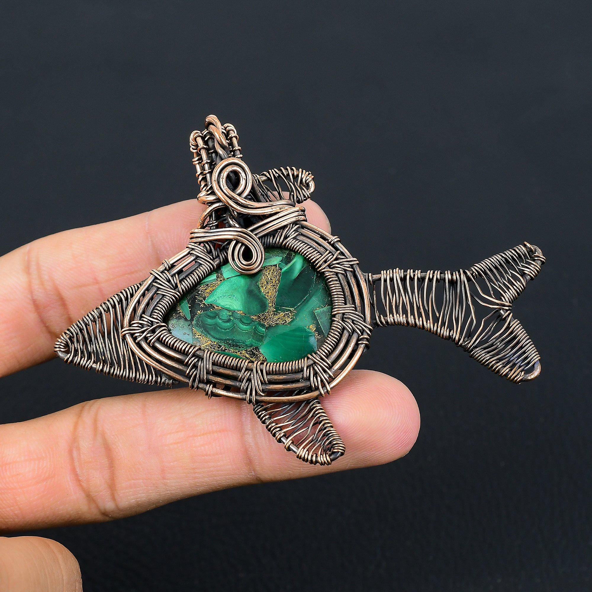 Copper Malachite Gemstone Pure Copper Wire Wrapped Handmade Fish Pendant Jewelry Pendant