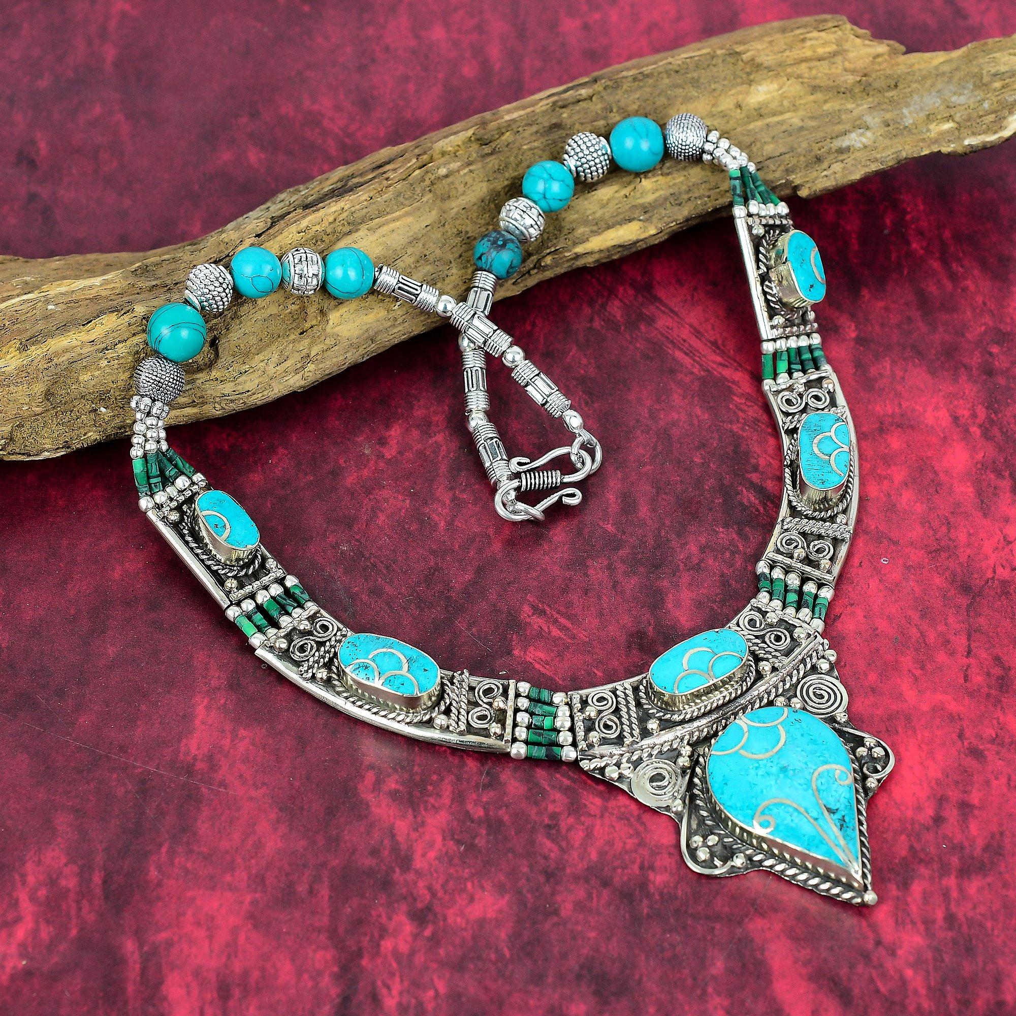 Blue Turquoise Handmade Gemstone Necklace, 925 Solid Sterling Silver Necklace Antique Jewelry, For Thanksgiving