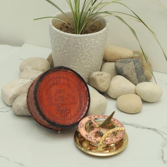 Brass Sundial Compass with Leather Case, 8.89 Cm Navigation Instrument Nautical Gift Handmade Collectible Best Gift Item