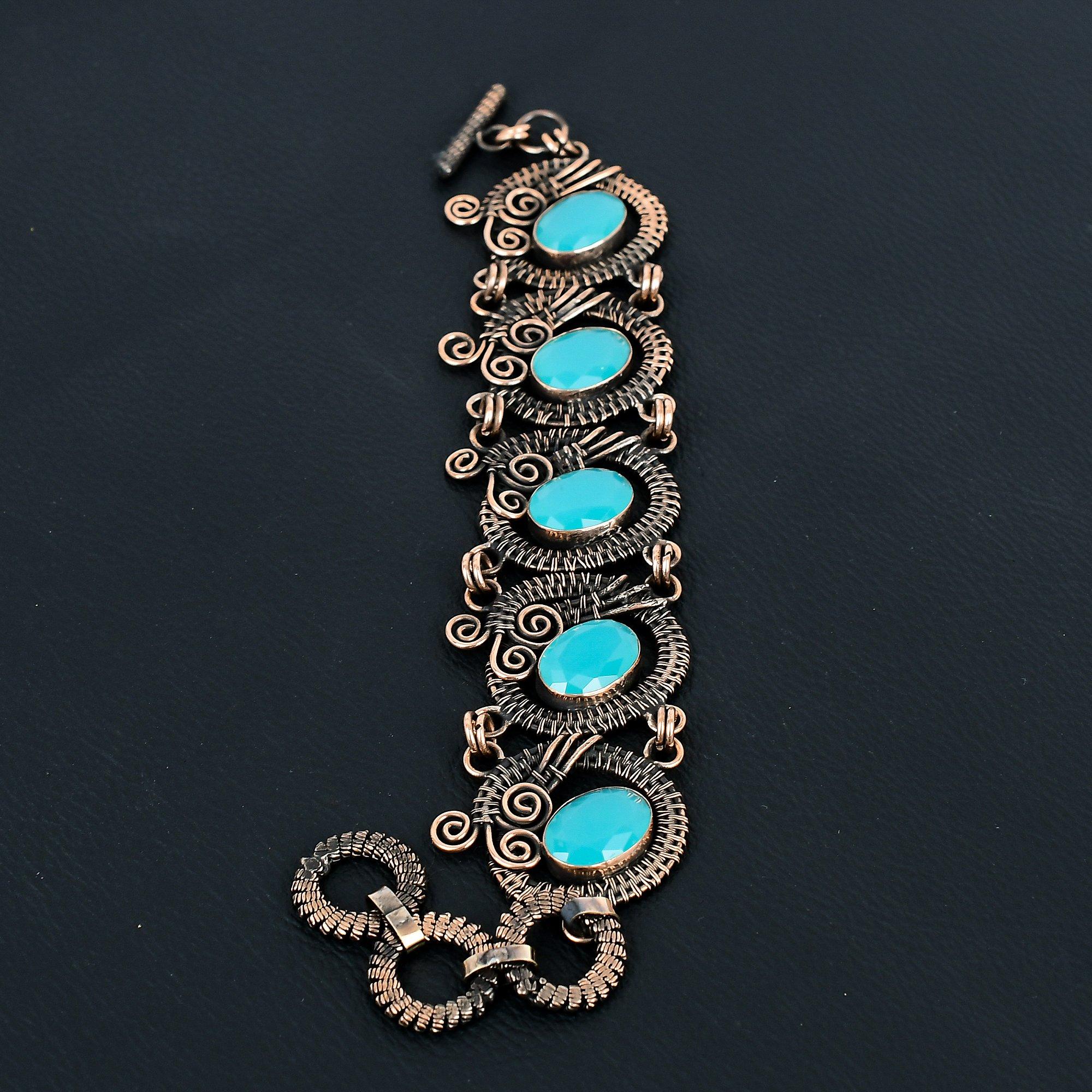 Amazing Blue Chalcedony Gemstone Handmade Pure Copper Wire Wrapped Bracelet Jewelry