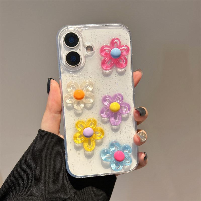 Cute Transparent 3D Colorful Flower Glitter Sparkle Effect Girly Phone Case for iPhone17 Air 16 15 14 Plus 13 12 11 Pro Max Back Cover