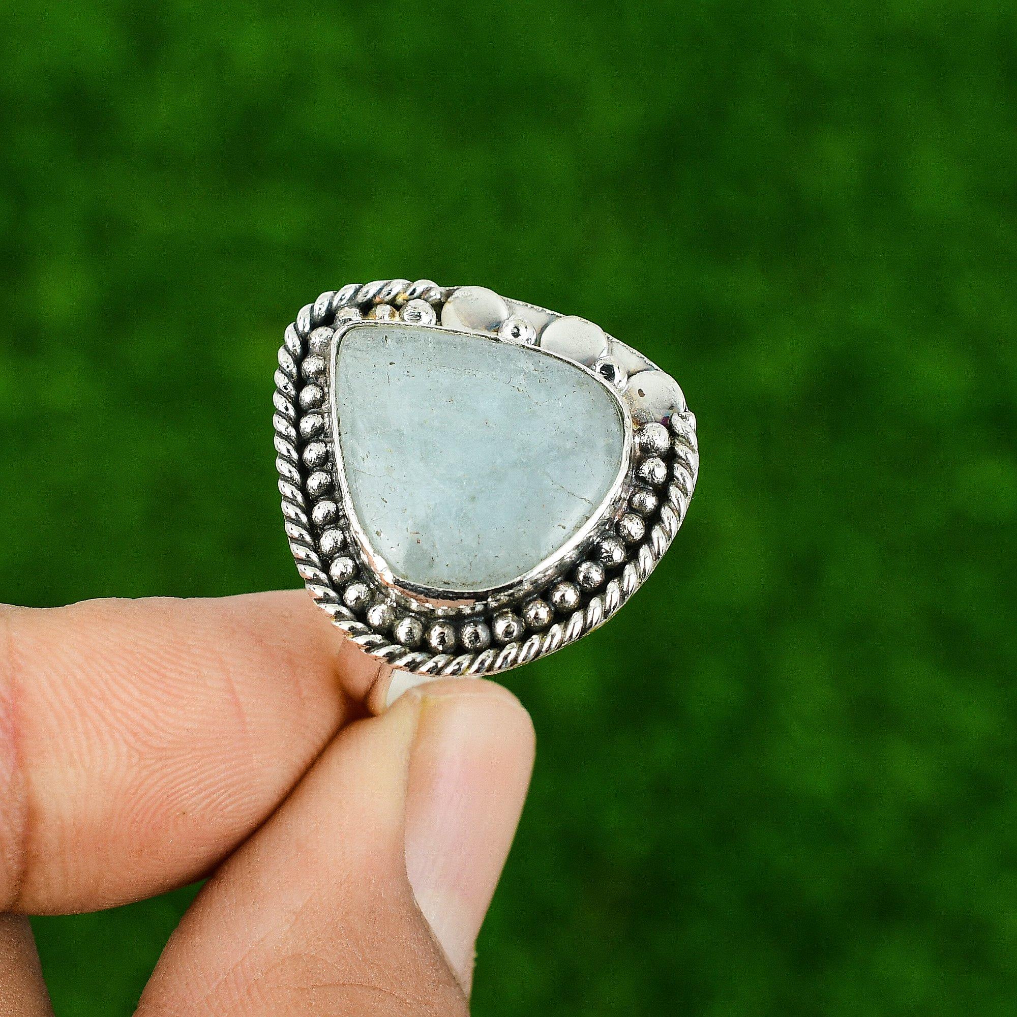 Sterling Silver Aquamarine Stone Birthday Engagement Statement Wife Ring Jewelry