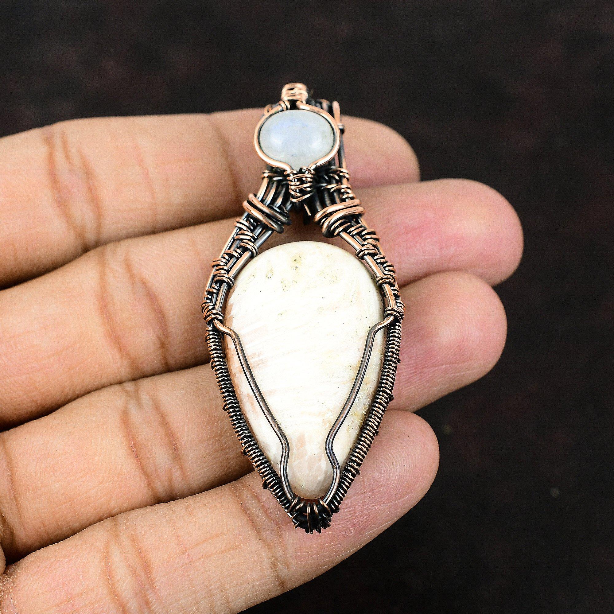 Scolecite Copper Pendant Copper Wire Wrapped Jewelry Scolecite Jewelry Rainbow Moonstone Gemstone Pendant Handmade Pendant Gift For Mother