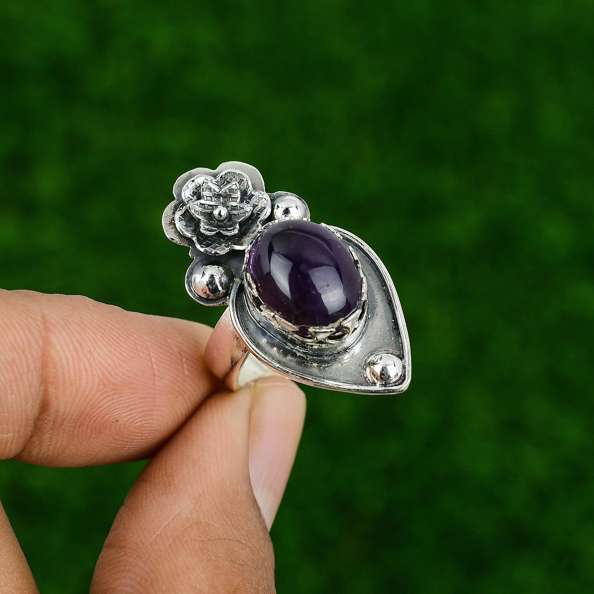 Natural African Amethyst 925 Silver Multi Stone Flower Adjustable Ring For Women