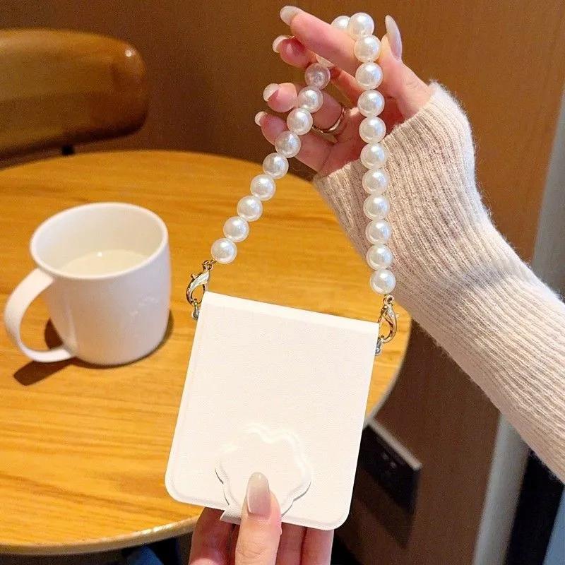 Pink Flip Book phone case for Samsung Z Flip 6 ZFlip5 OPPO Find N2 Flip / OPPO Find N3 Flip/Xiaomi Mix Flip Case with pearl chain