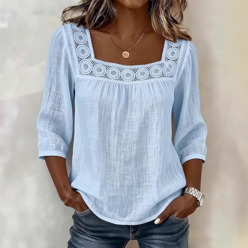 Dames Zomer Effen Kleur Casual Vierkante Hals Kant Ingezet 3/4 Mouw Top