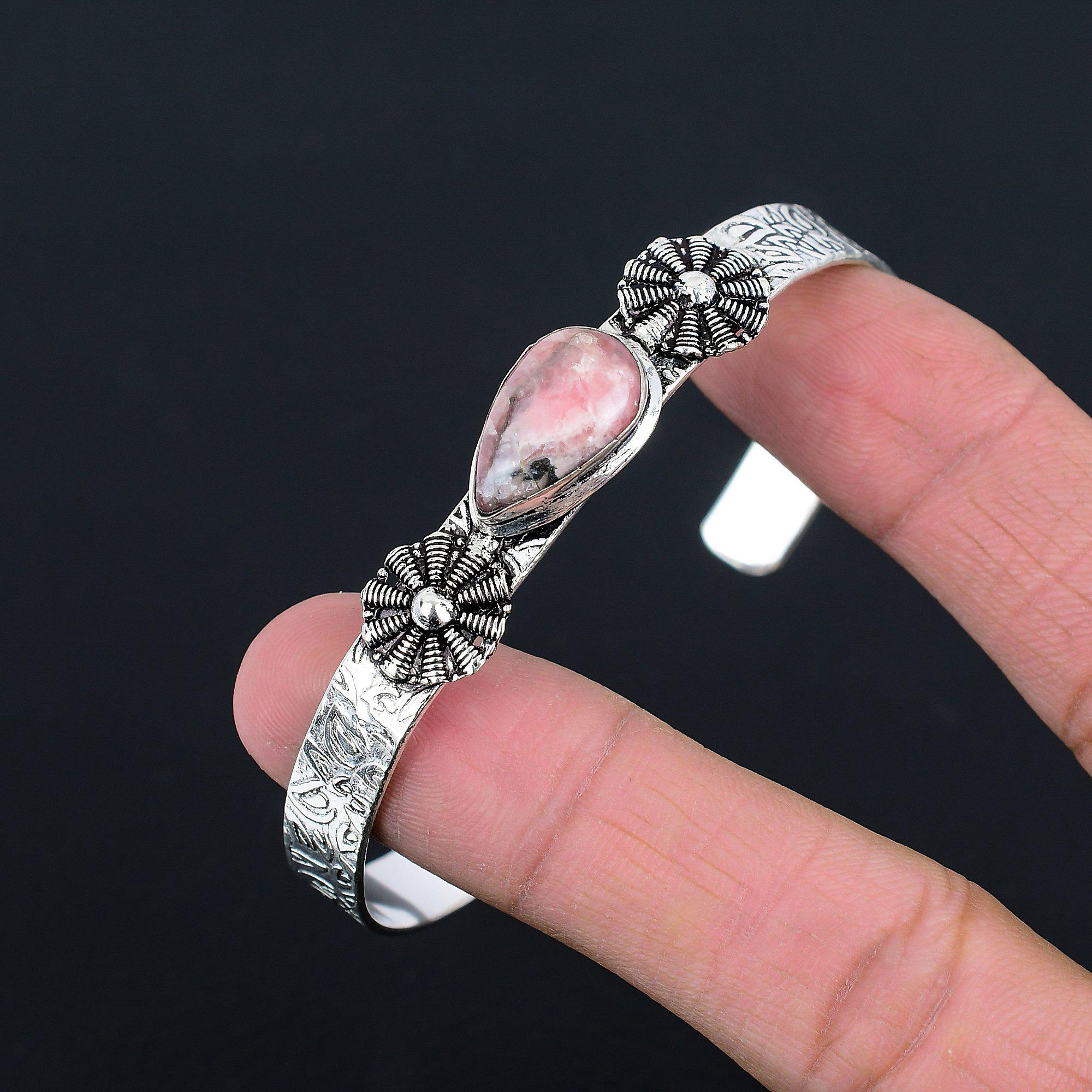 Natural Rhodochrosite Gemstone 925 Sterling Silver Bangle Adjustable For Women
