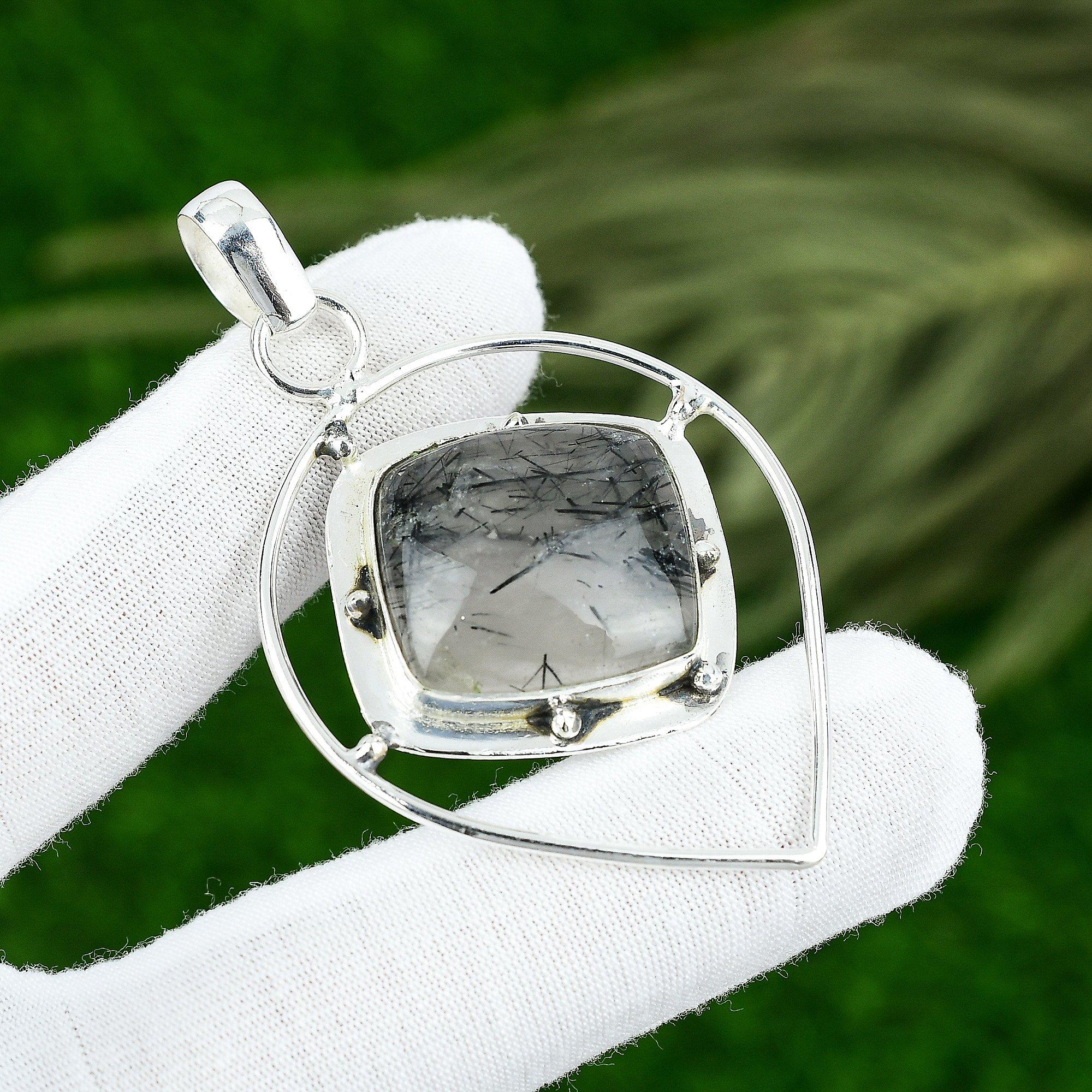 Natural Black Rutile Gemstone Pendant 925 Sterling Silver Indian Jewelry