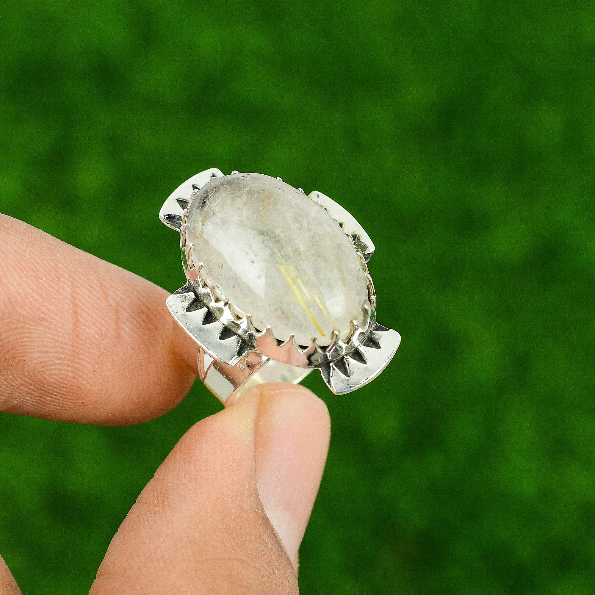 Golden Rutile Stone Sterling Silver Stackable Promise Wife Birthday Ring Size 7